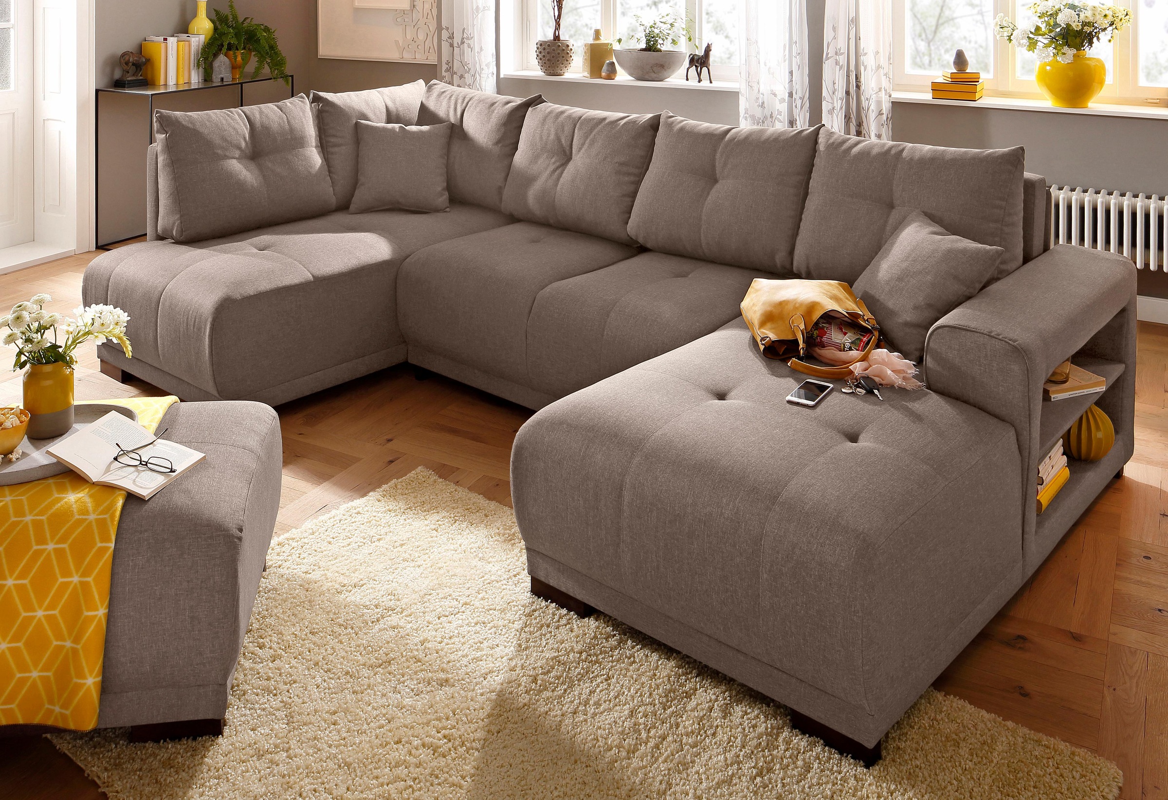 Home affaire Wohnlandschaft »Viborg U-Form«, mit Regal in der Armlehne, wahlweise mit Bettfunktion