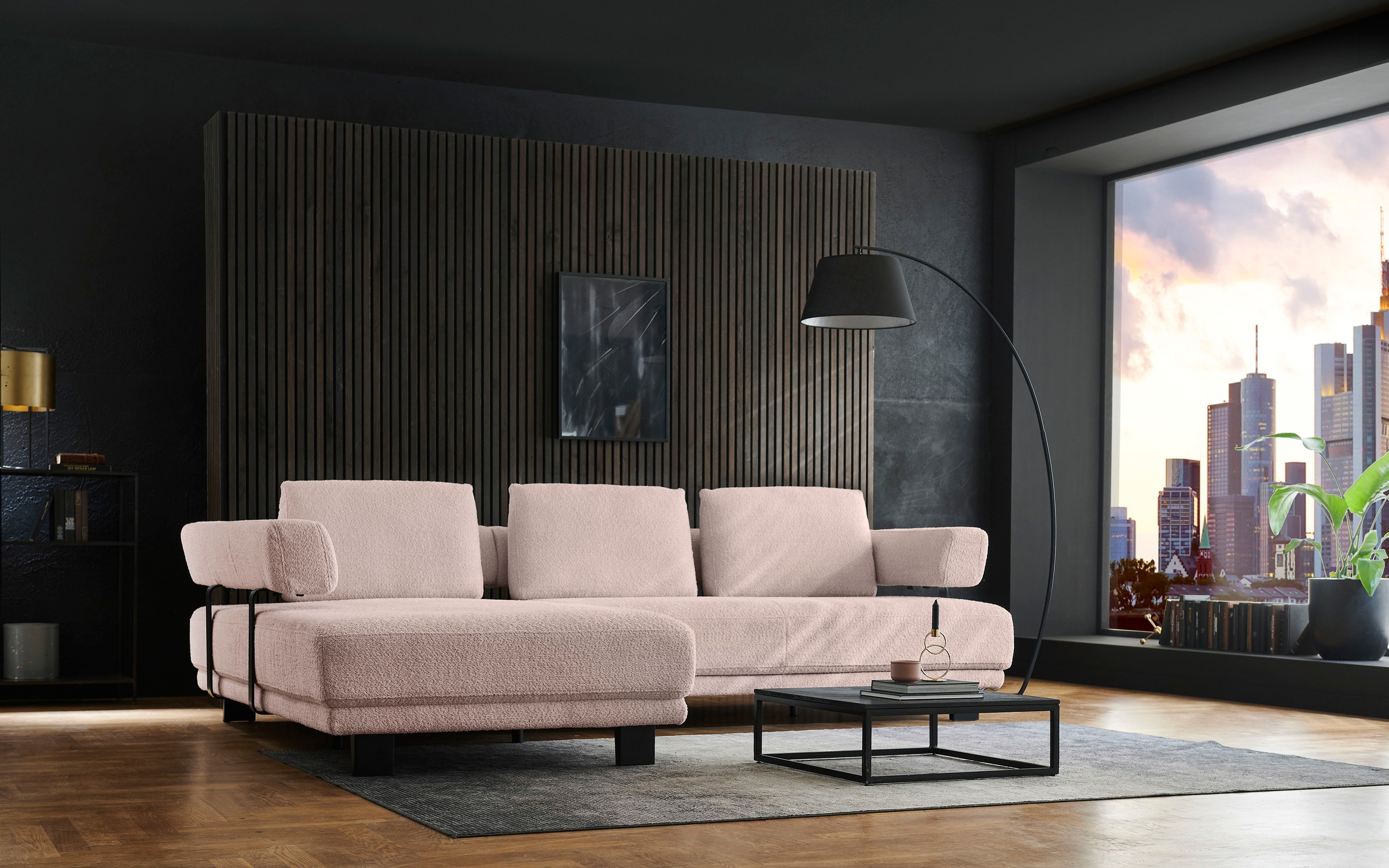 HUKLA Ecksofa »HU-HP18064 L-Form«, (Set), Optional mit motorischer Vorziehbank, stylische Reling