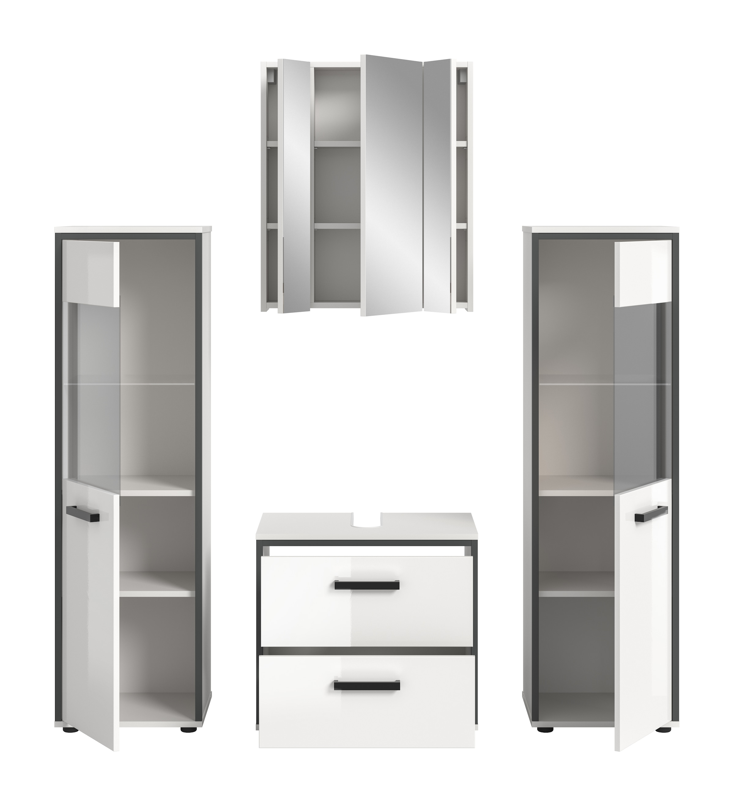 welltime Badmöbel-Set »KAJO, 4-tlg. Badkombination, weiß hochglanz« Set, Set, best. aus:2 Midischränken, 1 WBU, 1 Spiegelschrank, 4 Stk. tlg.