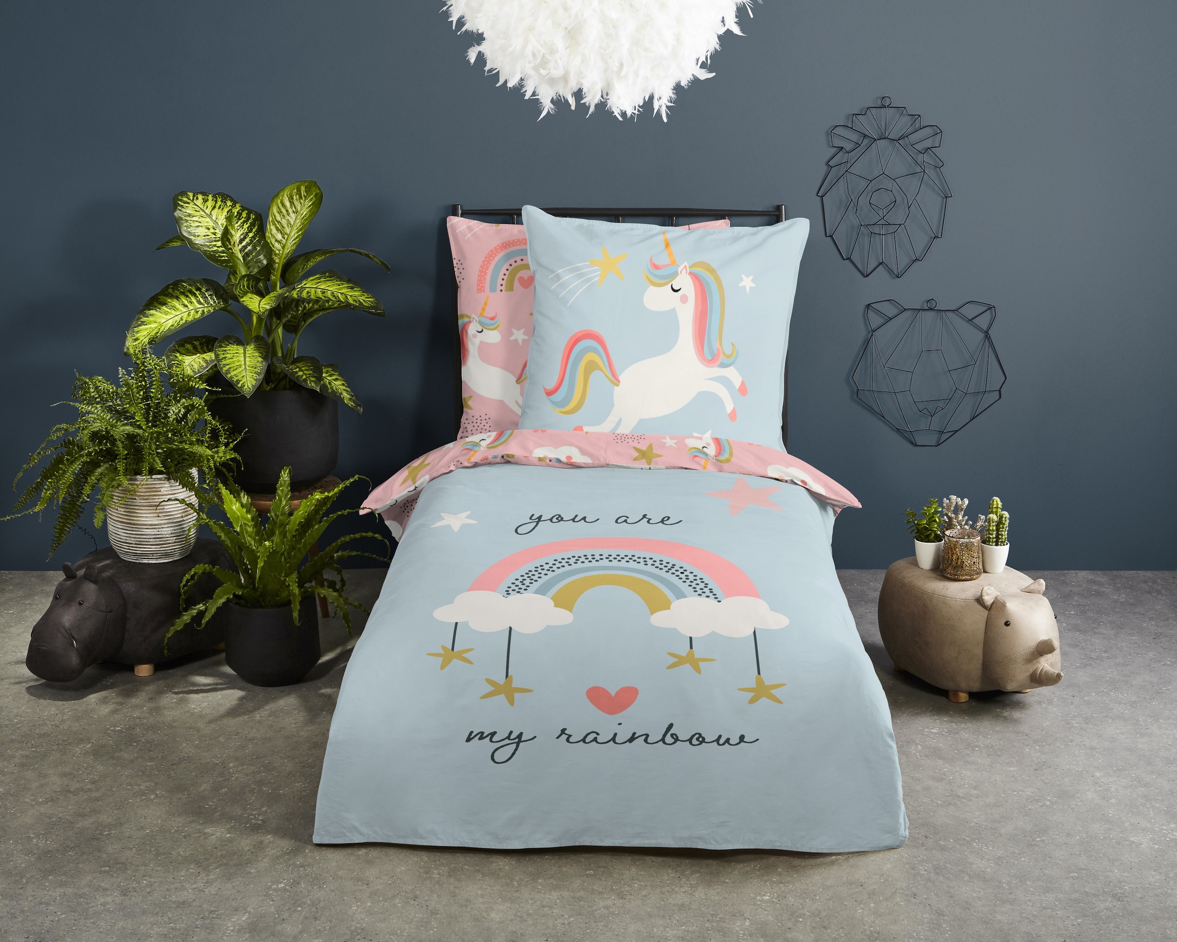good morning Kinderbettwäsche »Suus«, Baumwolle, Renforcé, Baby, Kind, Mädchen, Einhorn, Regenbogen, Rosa