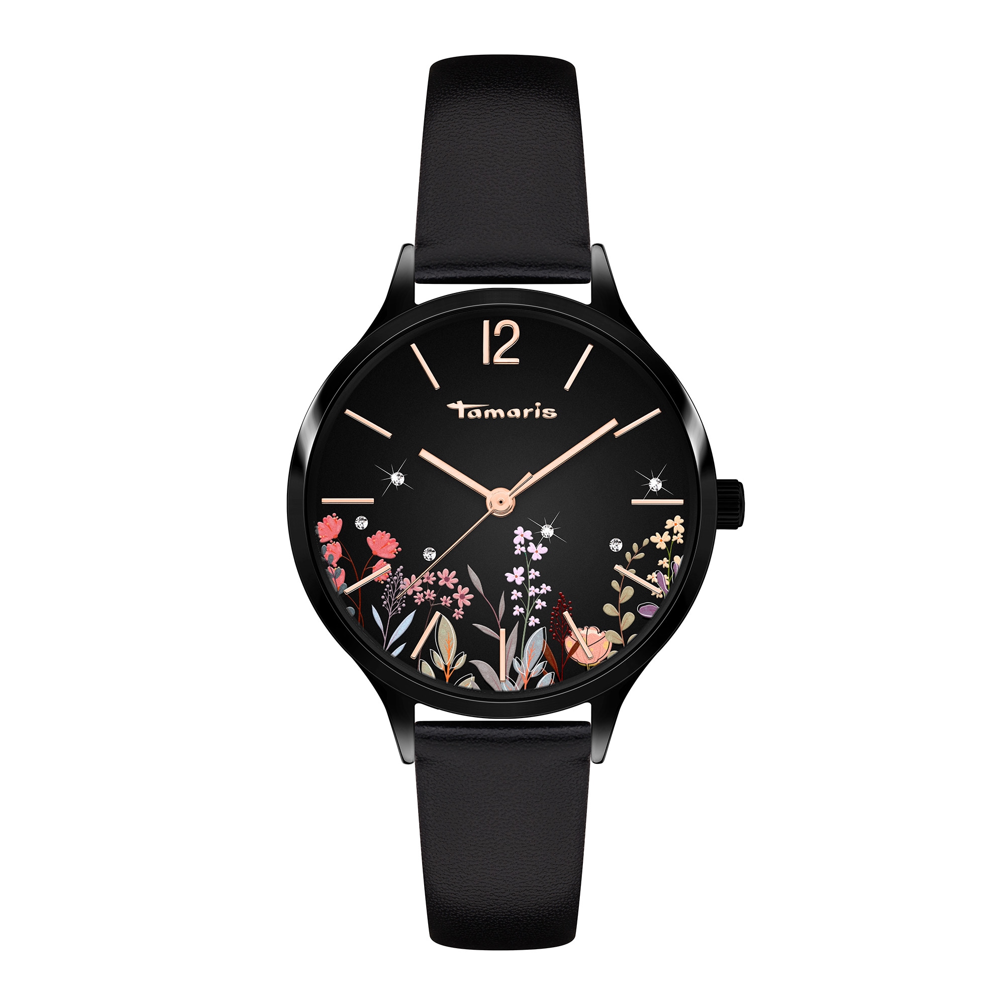 Tamaris Quarzuhr »Romantic Flowers« Armbanduhr, Damenuhr, Lederarmband, analog, Zirkonia (synth.)