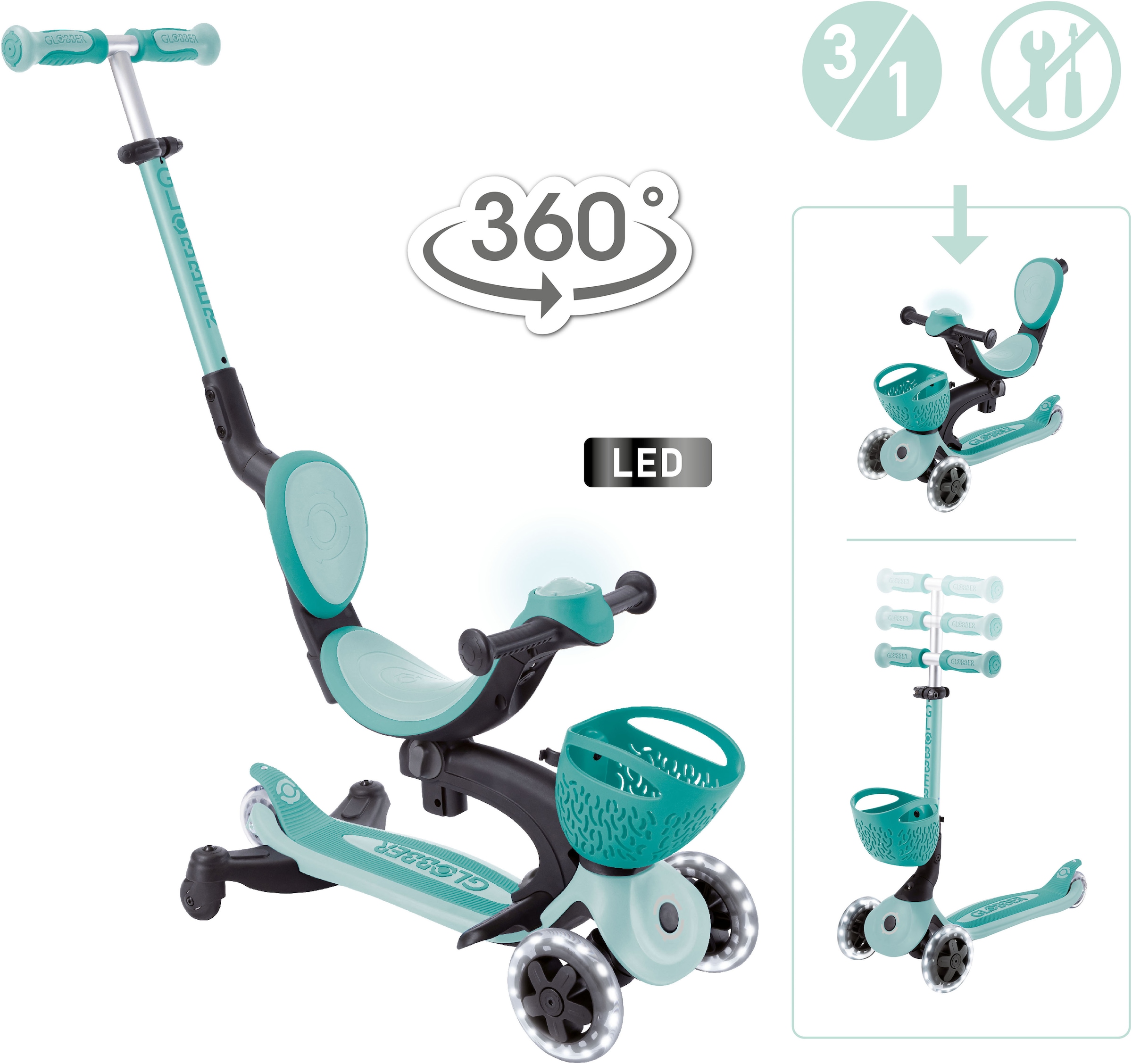 Globber Tretroller »GO-UP BABY 360 LIGHTS, mit Leuchtrollen und Leuchtmodul« Aufsitzrad, Laufrad und Scooter in Einem