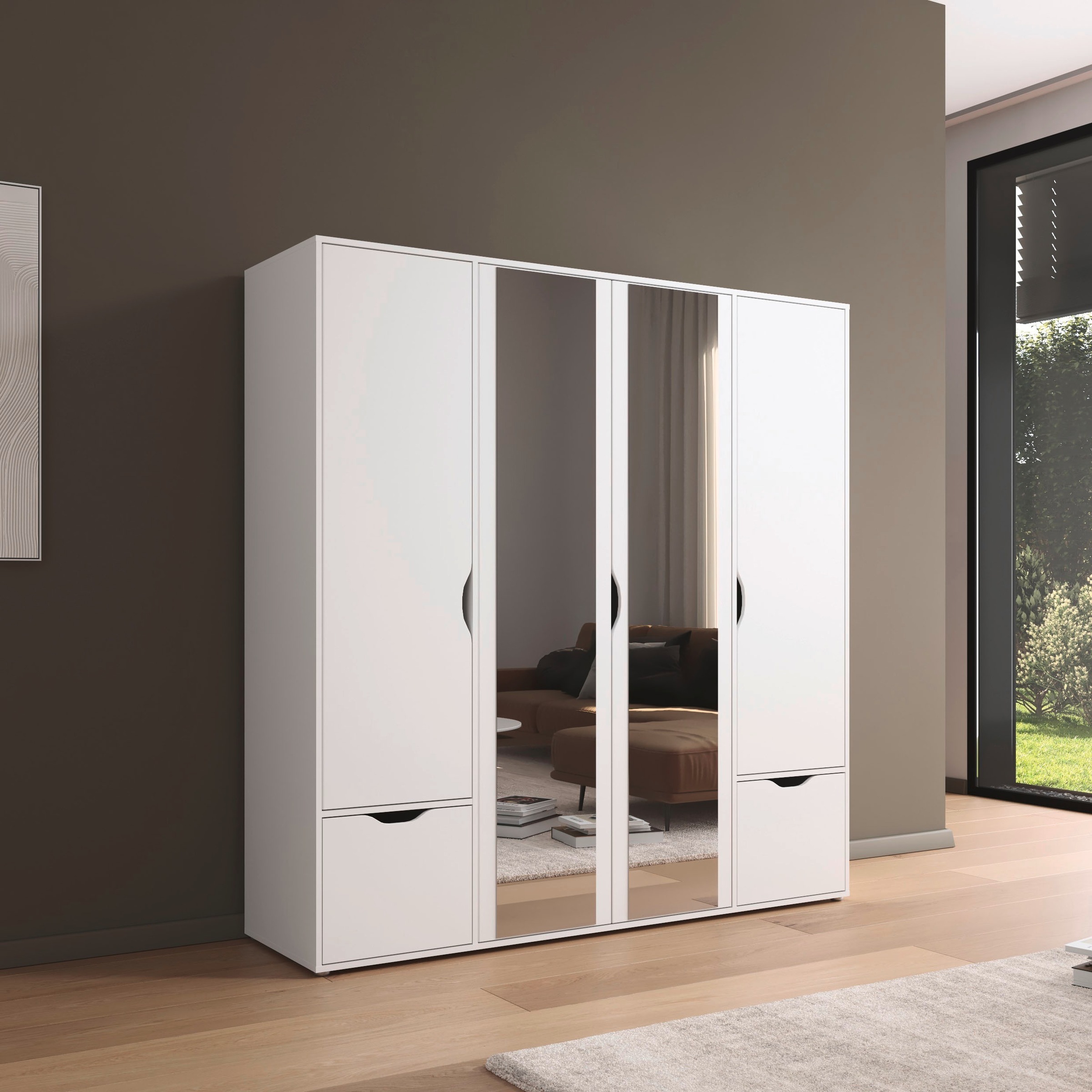 rauch Drehtürenschrank »Kleiderschrank Schrank Garderobe Wäscheschrank NARAI mit Schubladen«, (in 3 verschiedenen Ausstattungen BASIC/CLASSIC/PREMIUM), Griffausfräsungen für eine grifflose Optik TOPSELLER MADE IN GERMANY