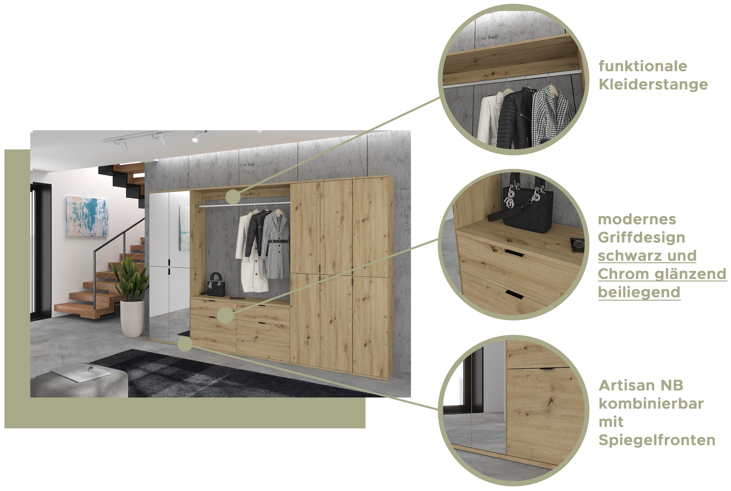 INOSIGN Garderoben-Set »Trondheim, Breite 243 cm, 5-teilig, bestehend aus:« Set, 4 Stk. tlg.