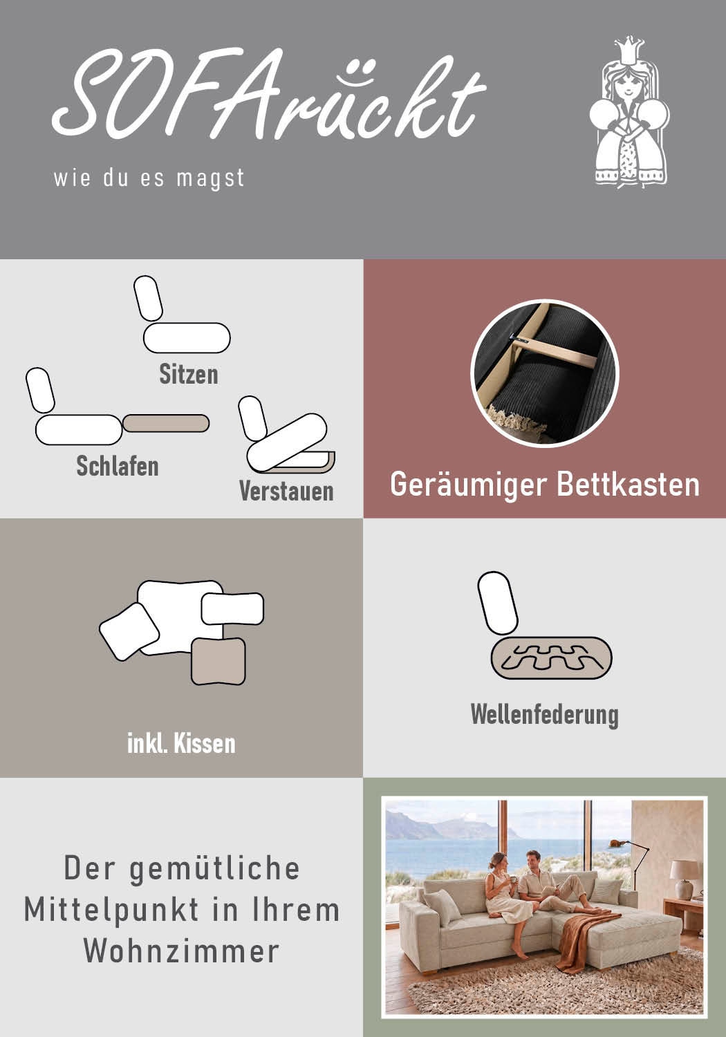 Jockenhöfer Gruppe Ecksofa »Bologna, L-Form, Breite: 298 cm, Cord-Bezug, beidseitig montierbar« mit Schlaffunktion, Bettkasten & Zierkissen, XXL-Ottomane