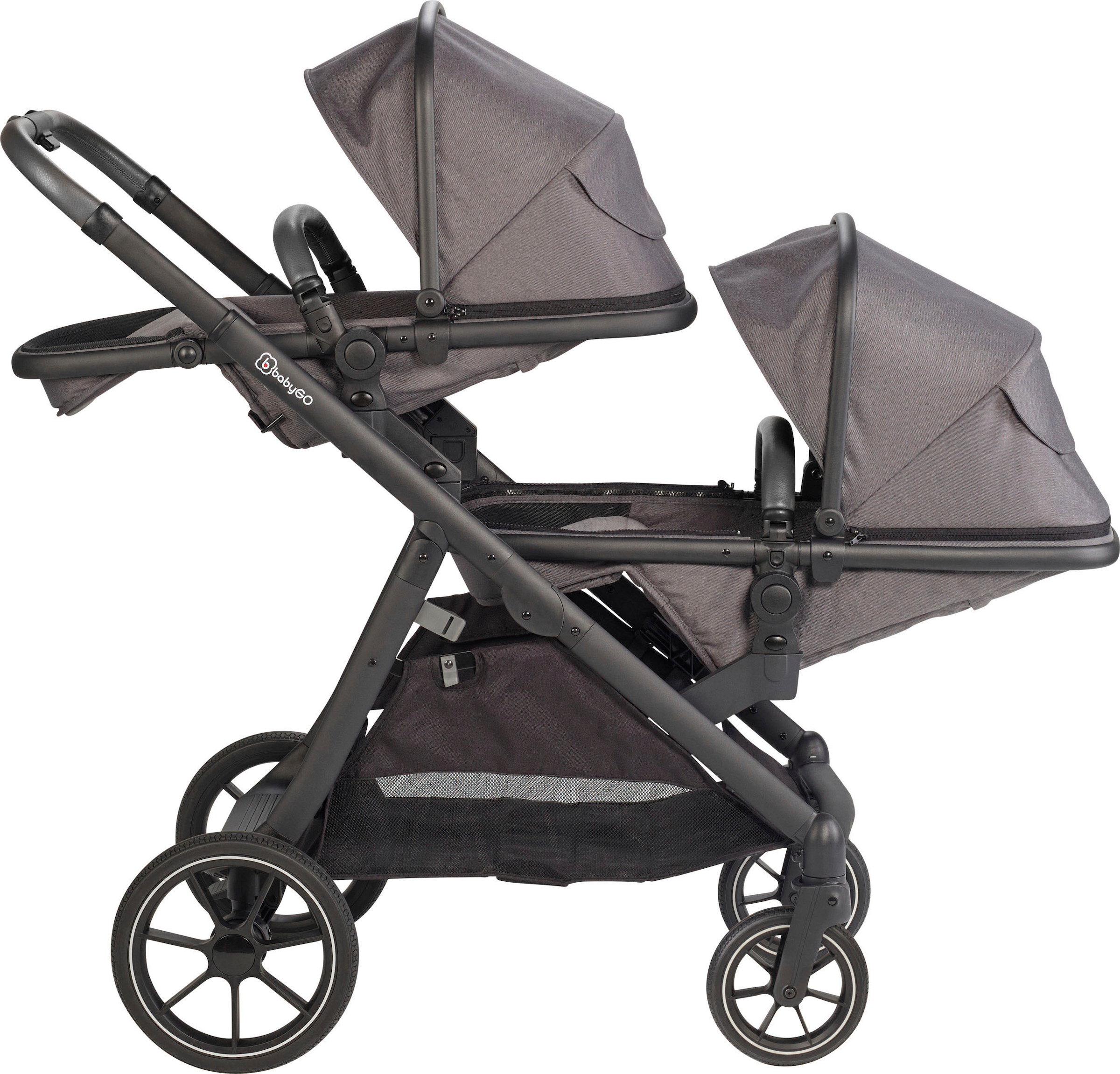 BabyGo Zwillings-Kombikinderwagen »Duo, grau«, inkl. Wickeltasche u. 2 Regenhauben