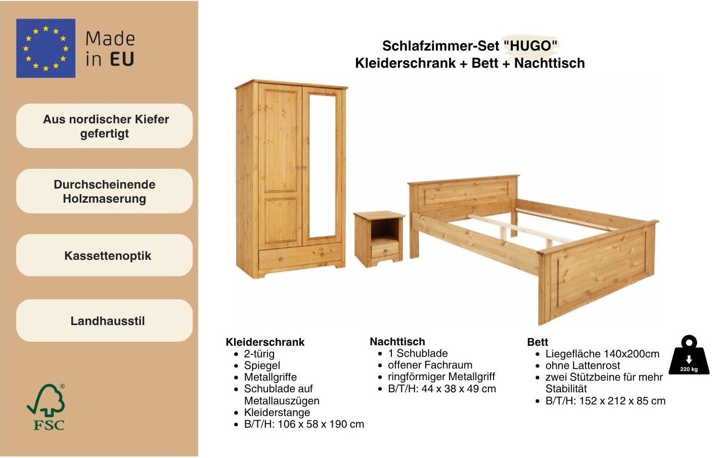 OTTO home Schlafzimmer-Set »Hugo« Set, 3 Stk. tlg. Bett 140x200cm, 2-trg Kleiderschrank und 1 Nachttisch