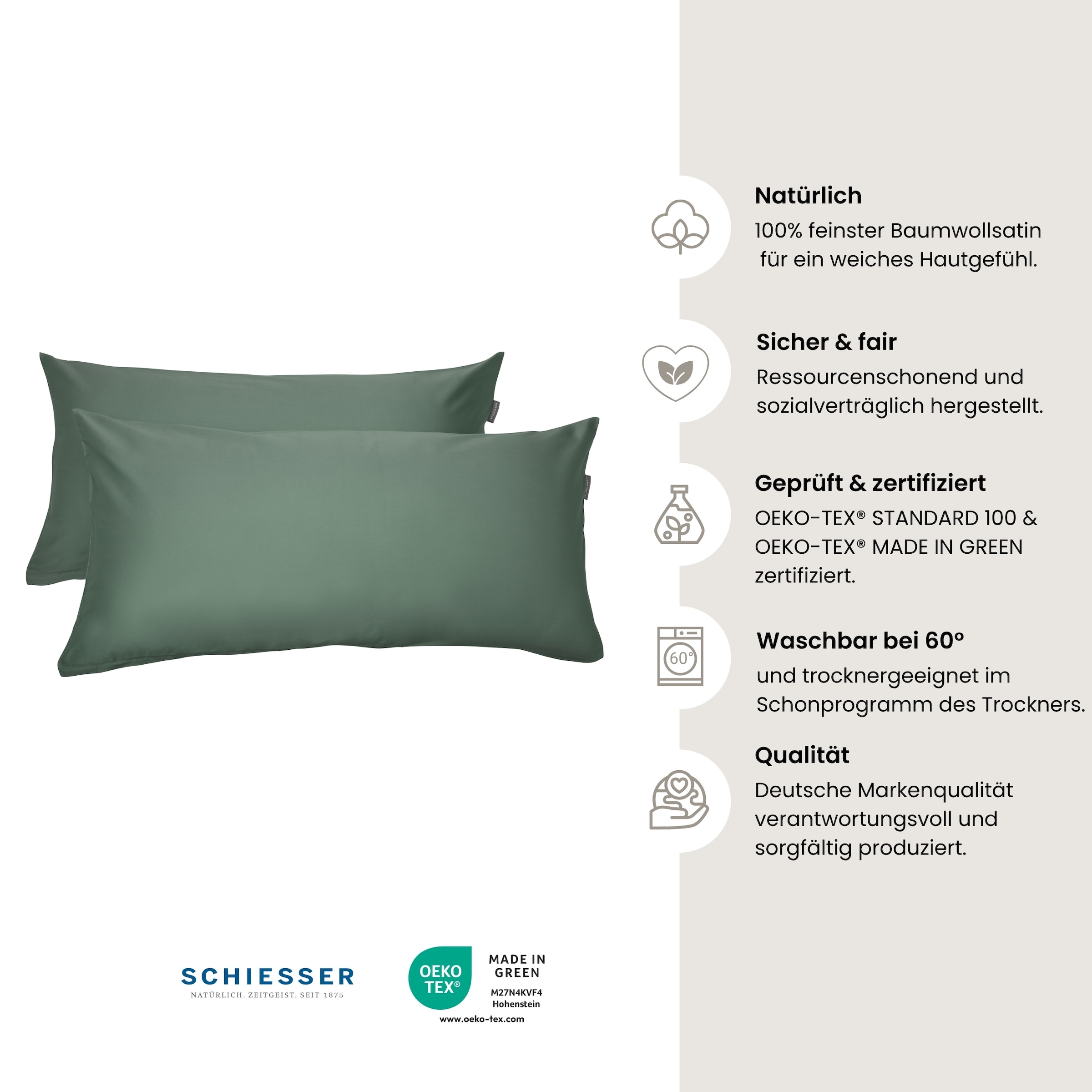 Schiesser Kissenhülle »Ella Premium Kissenhüllenset aus feinstem Baumwollsatin, 40x80 cm«, (2 St.), Made in Green