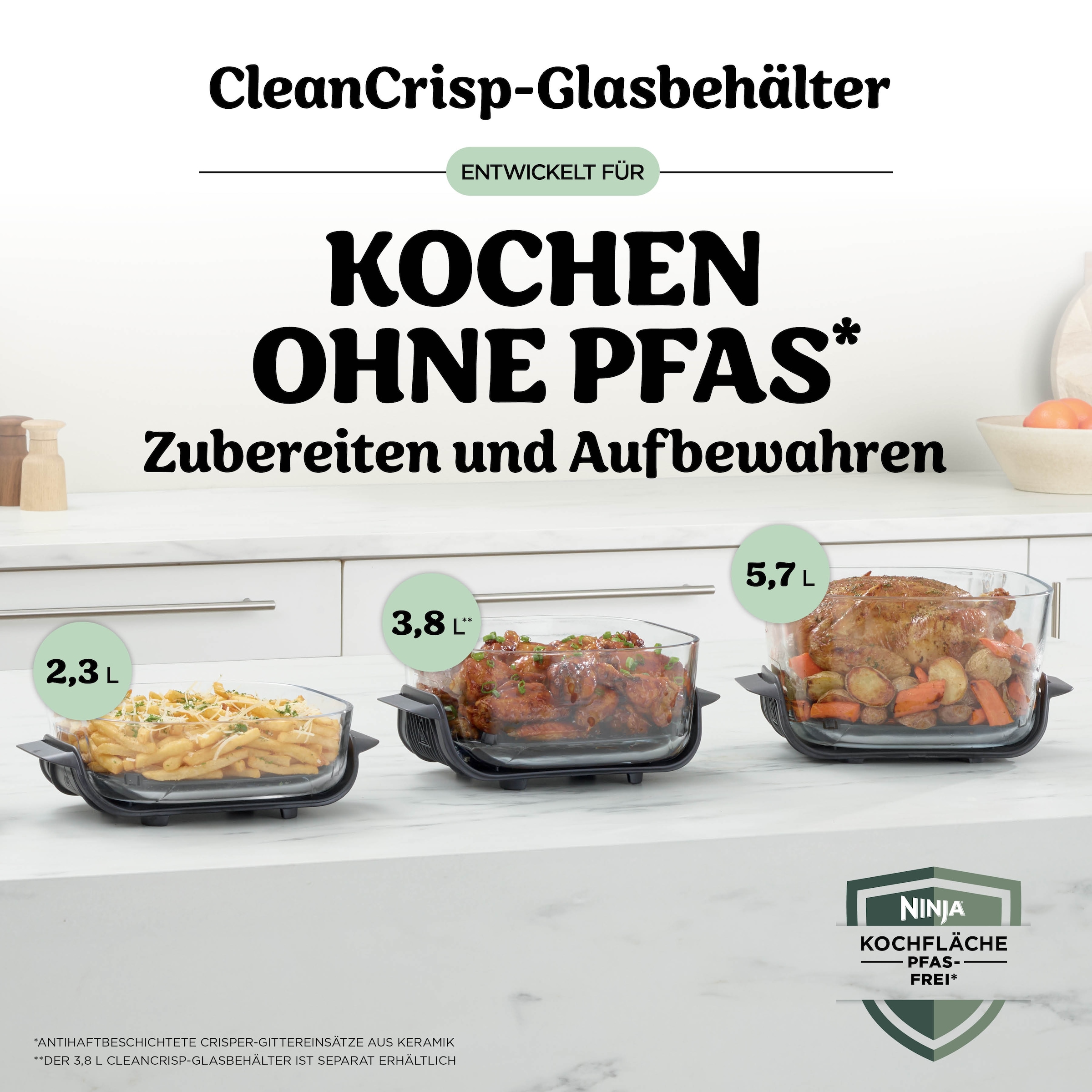 NINJA Heißluftfritteuse »CRISPi PRO 7-in-1 Glas-Air-Fryer - Beige AS101EULG« 2050 W 7 Kochfunktionen, Vorbereitung, Zubereitung + Aufbewahrung von Speisen