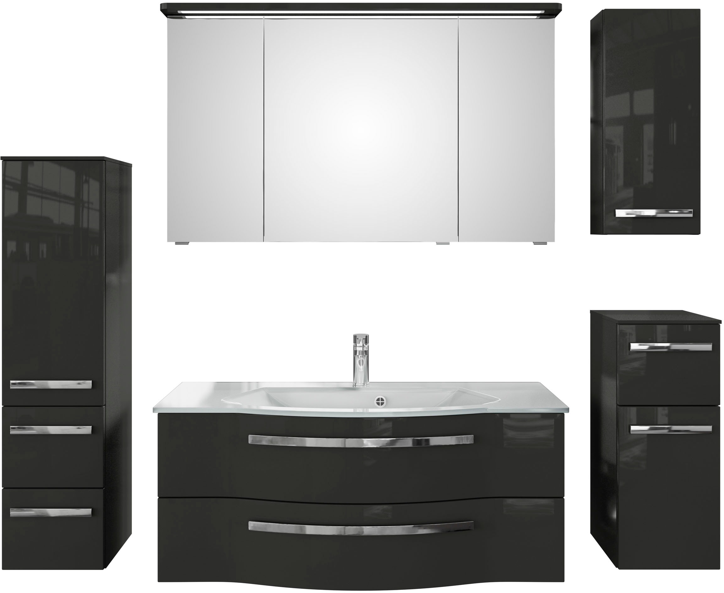 Saphir Badmöbel-Set »Serie 4005, vormontiert, Glaswaschbecken, Spiegelschrank«, (Set, 6 St.), Badezimmer-Set mit Unterschrank, Hängeschrank, Midischrank, Türdämpfer