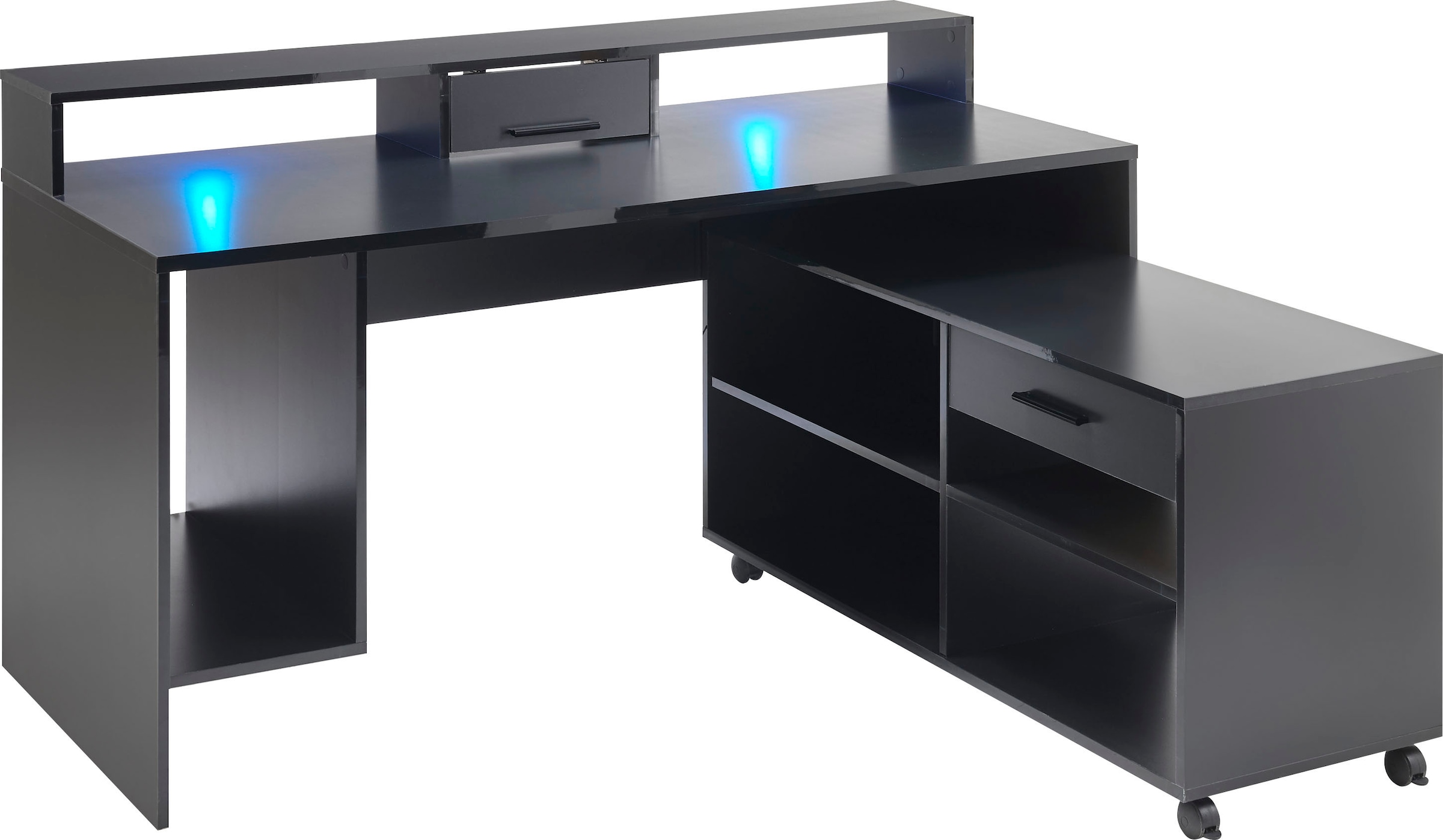 mit bestellen inkl. »Highscore«, Computertisch OFFICE RGB-LED Schwarz Farbwechsel, Rollcontainer auf Raten Gamingtisch BEGA