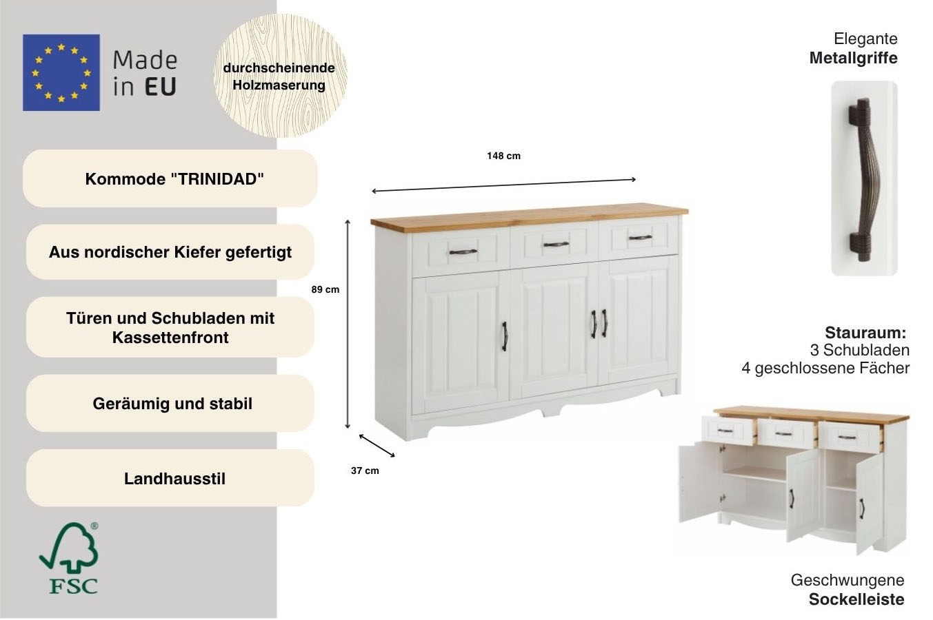 OTTO home Sideboard »Trinidad« Kommode, Breite 148 cm