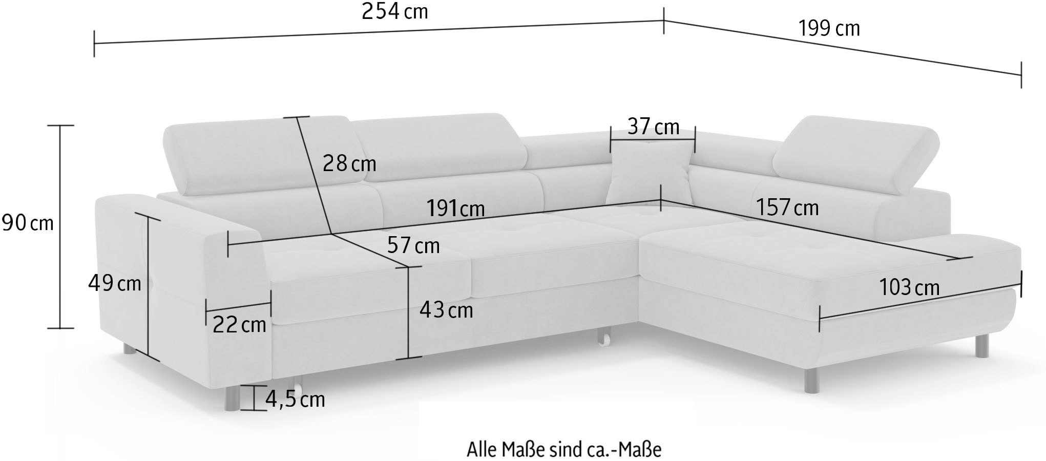 OTTO home Ecksofa »AADEN Schlafsofa 254 cm - OTTO. Verlässliche Qualität.« mit Bettfunktion, Bettkasten, Kopfstützen, rechts/links bestellbar
