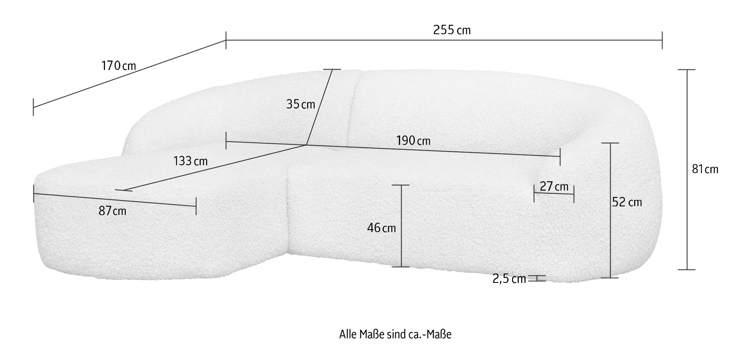 LeGer Home by Lena Gercke Ecksofa »YANI, L-Form, Designersofa, organische Form, Maße B/T/H: 255/170/81 cm«, mit Wellenunterfederung, auch in Bouclé, Recamiere rechts/links