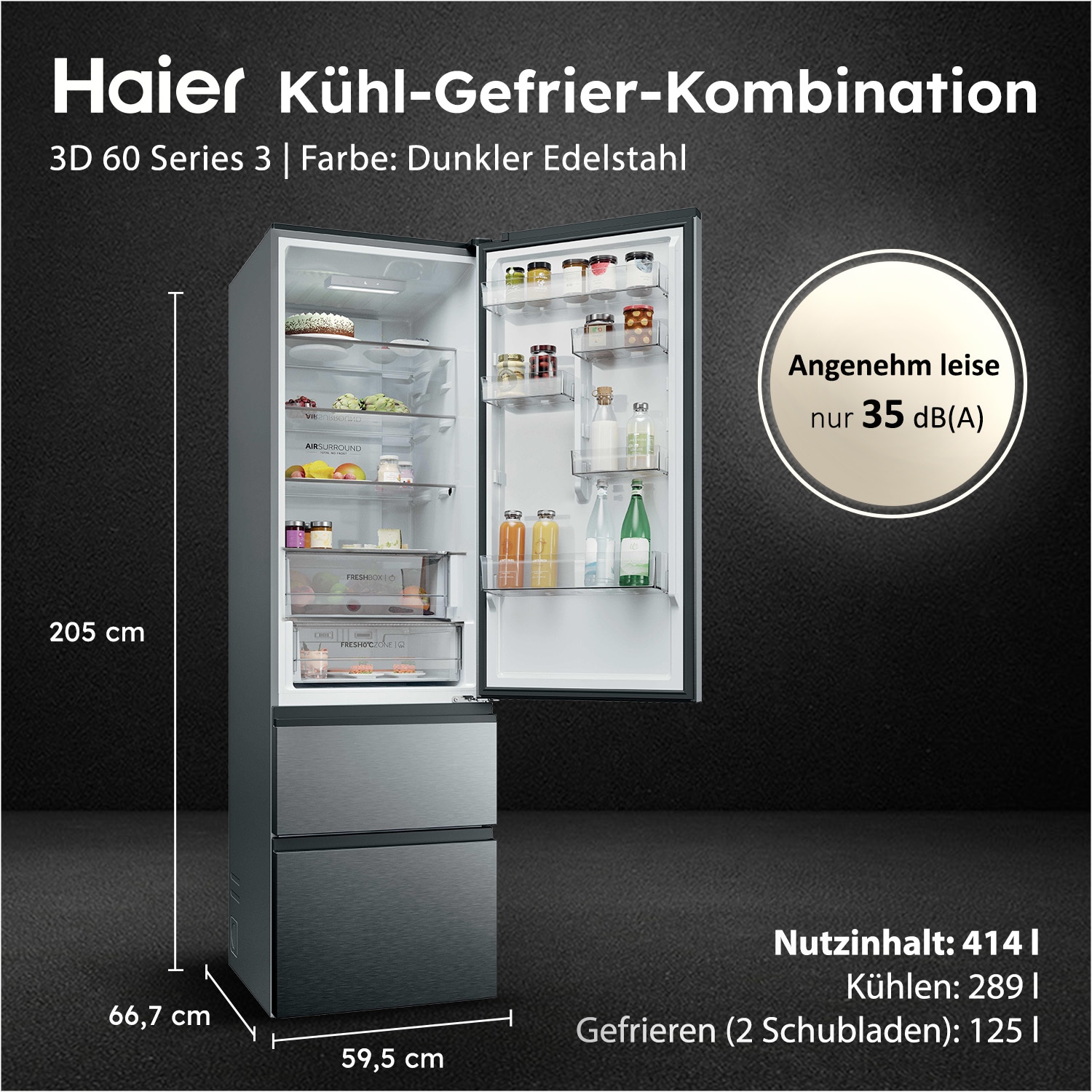 Haier Kühl-/Gefrierkombination Combi 3D 60 »HTR3620CNMP« 205 cm hoch 59,5 cm breit Easy Access-Gefrierschubladen: Alles schnell gefunden