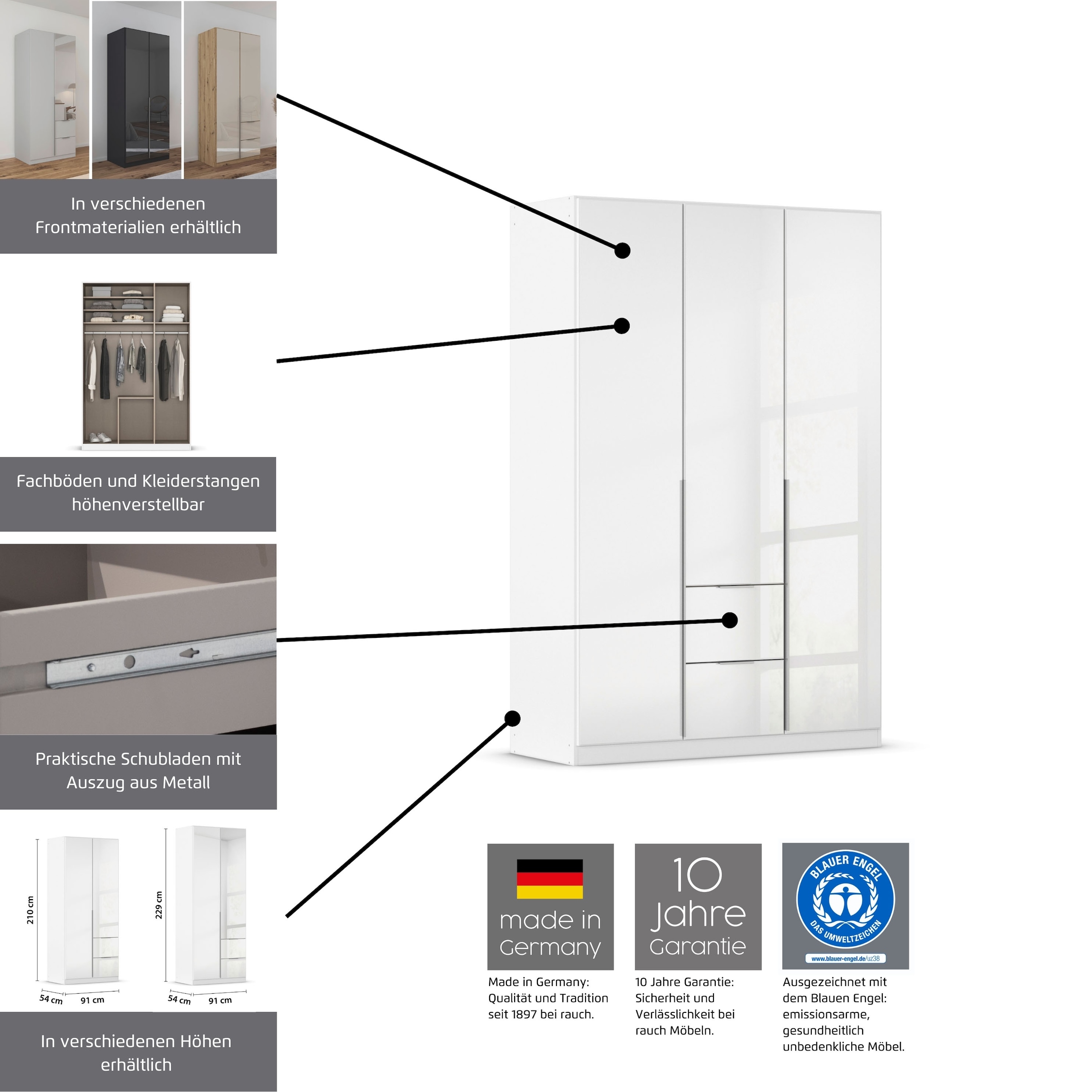 rauch Drehtürenschrank »Kleiderschrank Schrank Garderobe AGORDO mit Dekor- oder Hochglanzfront«, (in zwei Griff-Farben mit Dekor- oder Hochglanzfront), mit Außenschubkästen, in 6 Breiten und 2 Höhen MADE IN GERMANY