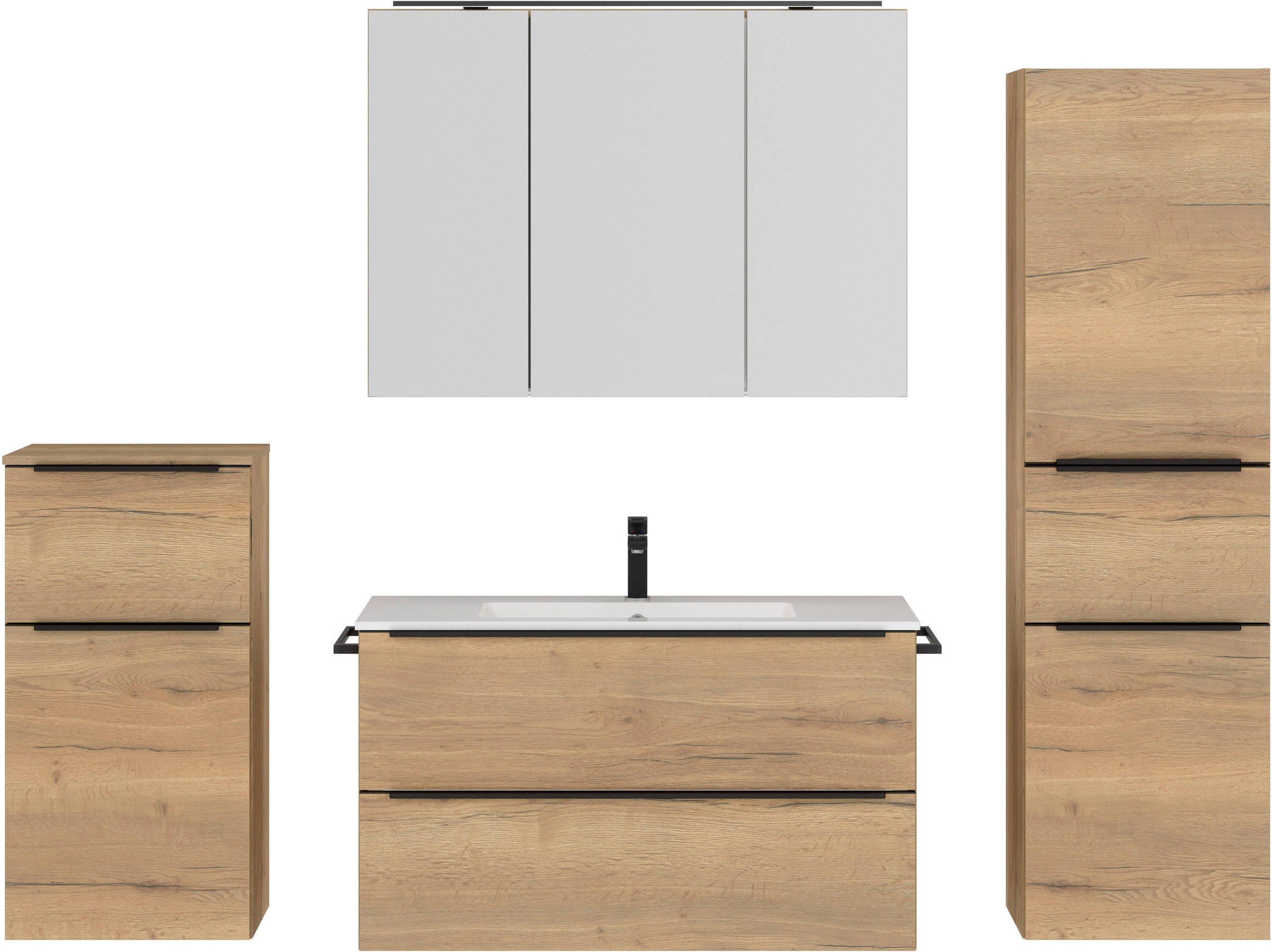 nobilia® Badmöbel-Set »Levere«, (4 St., vormontiert, mit Soft-Close), inkl. Spiegelschrank mit Beleuchtung und Dimmerfunktion, in 4 Breiten