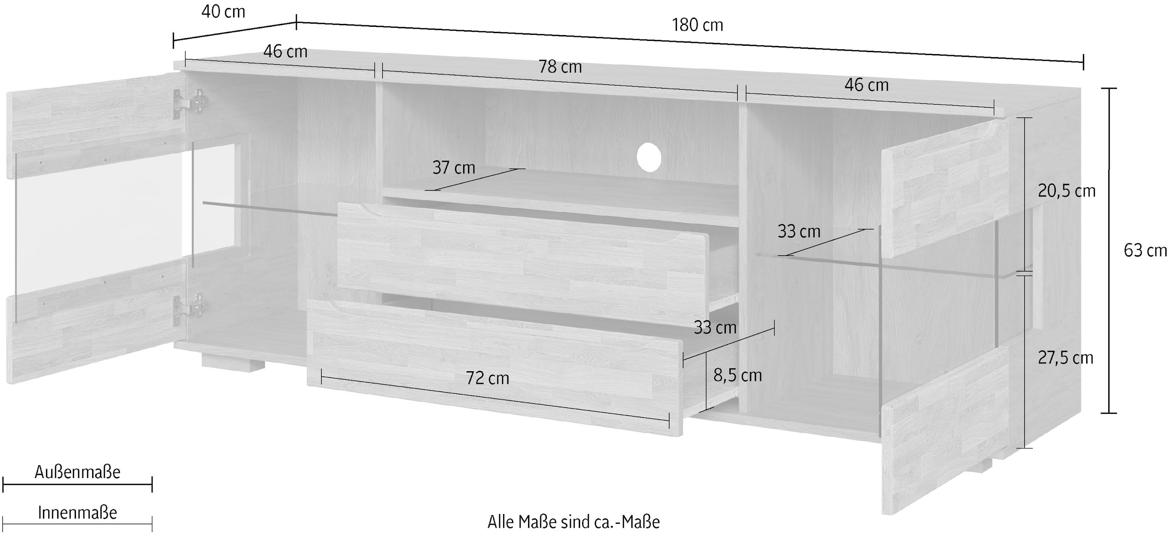 OTTO home Sideboard »VETRO Teilmassiv, Fronten Massivholz, Wohnzimmer, Stauraum,Griffmulde« B/T/H:180/40/63cm, 2Schubladen, 4 geschlossene & 2 offene Fächer