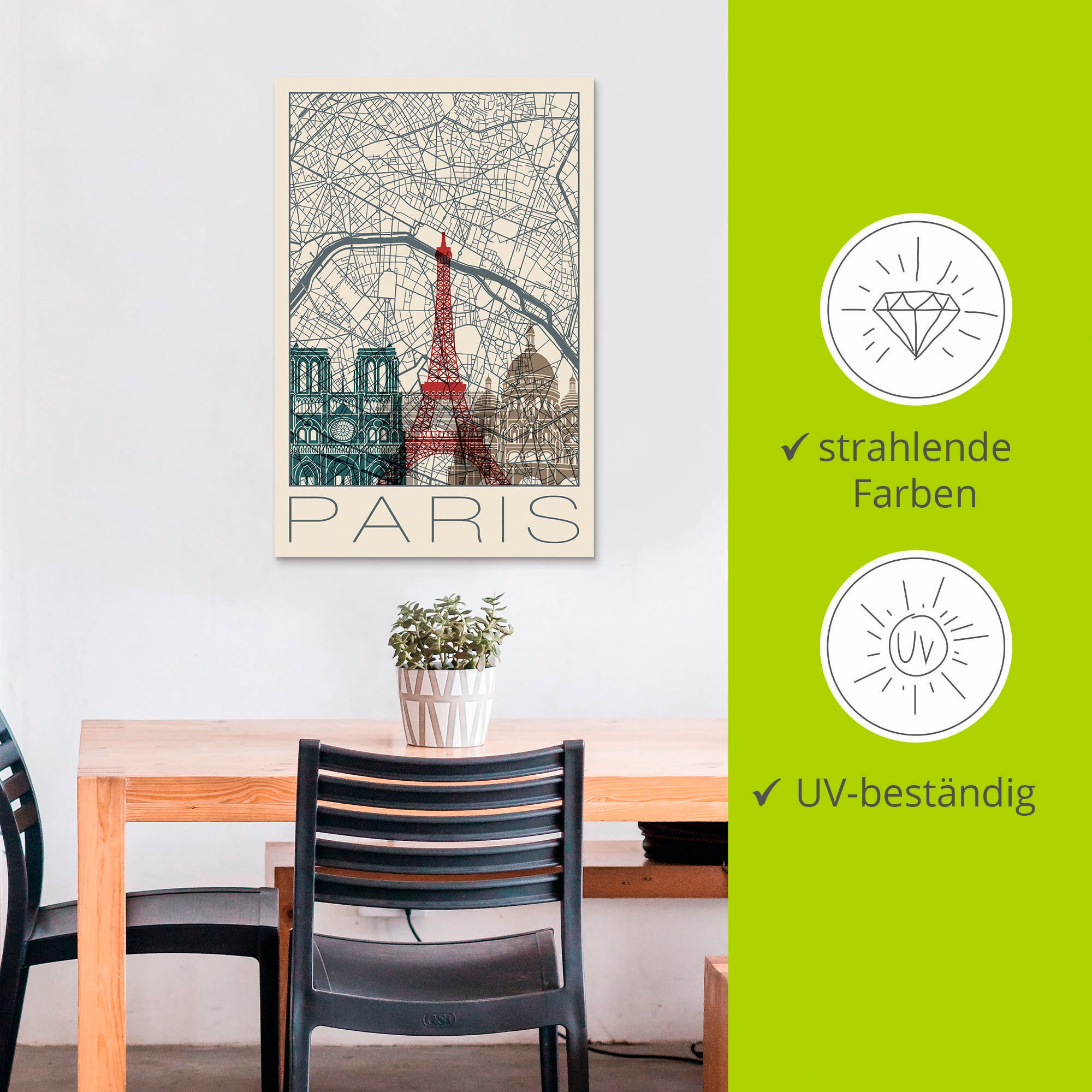 Artland Wandbild »Retro Karte Paris Frankreich und Skyline«, Frankreich, (1 St.), als Alubild, Outdoorbild, Poster in verschied. Größen