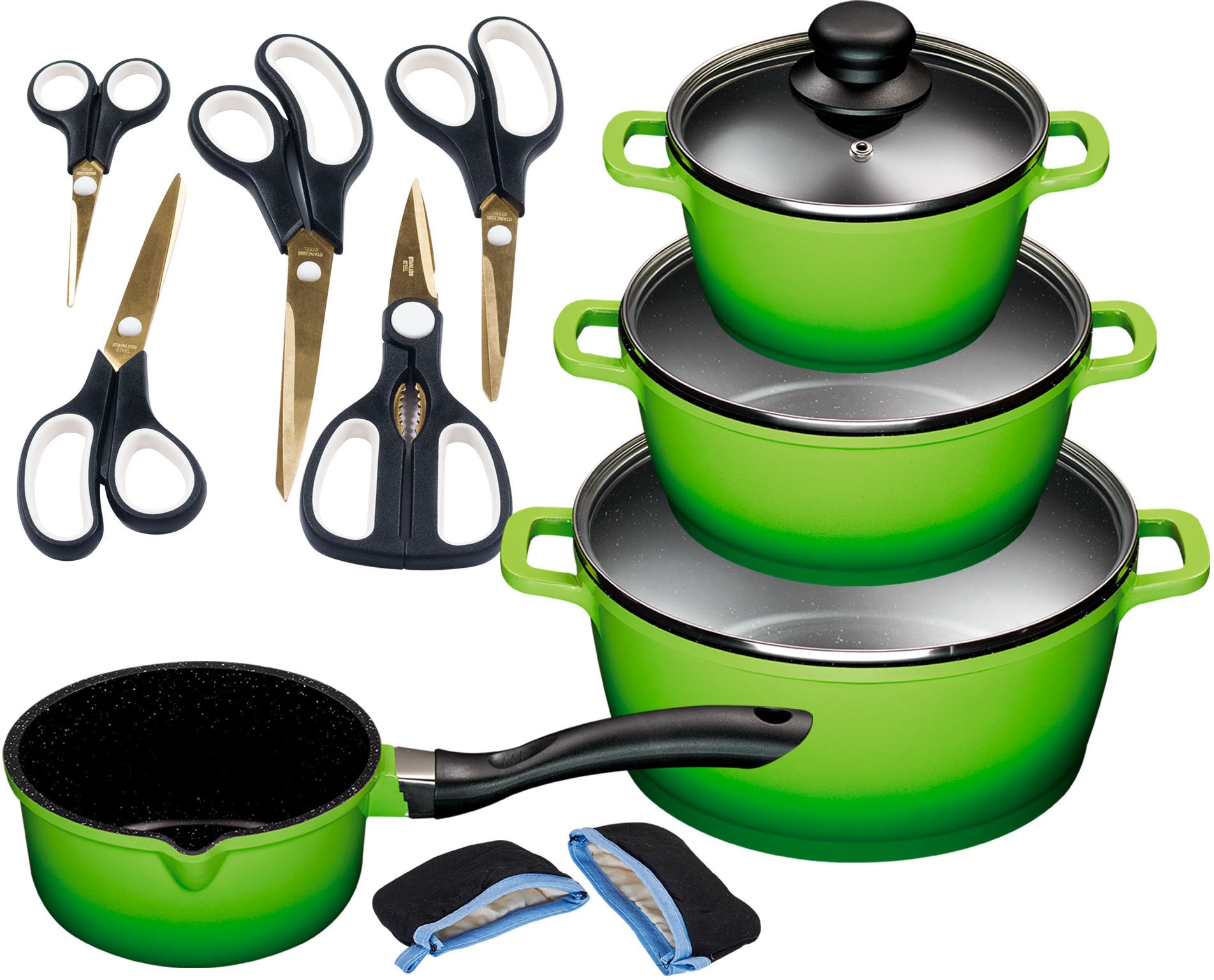 KING Topf-Set »ALUGUSS«, Aluminiumguss, (Set, 14 tlg., je 1 Kochtopf 16/20/24 cm, 1 Stieltopf 16 cm, Scheren-Set, Grips), Glasdeckel,Keramikantihaftbeschichtung,Induktion