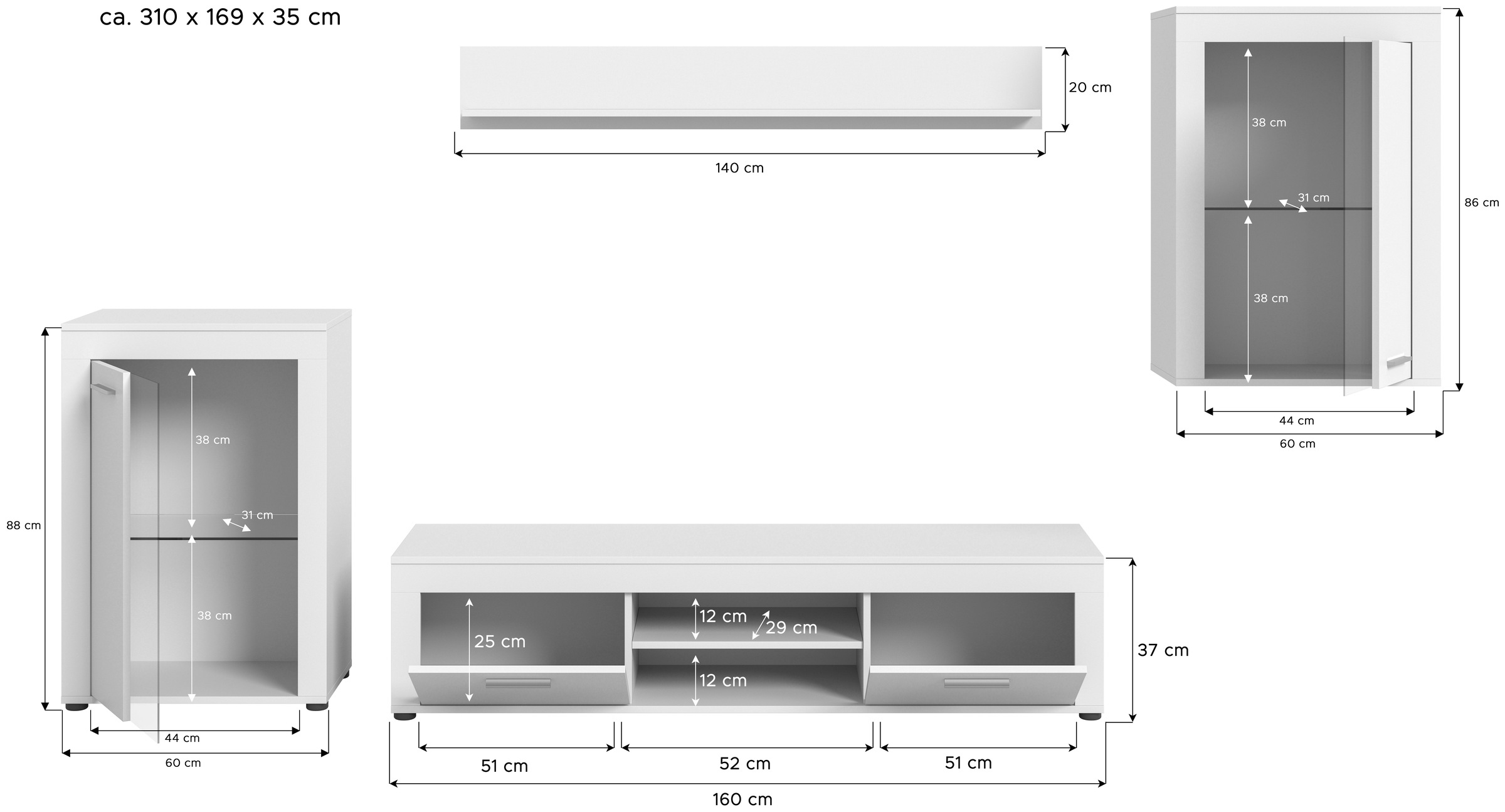 INOSIGN Wohnwand »Aosta, 4-tlg., bestehend aus: 2x Vitrine, Lowboard & Wandboard«, (4 St.), Wohnwand, Kombination, Anbauwand, Möbel Set, Schrankwand, Möbel Kombi