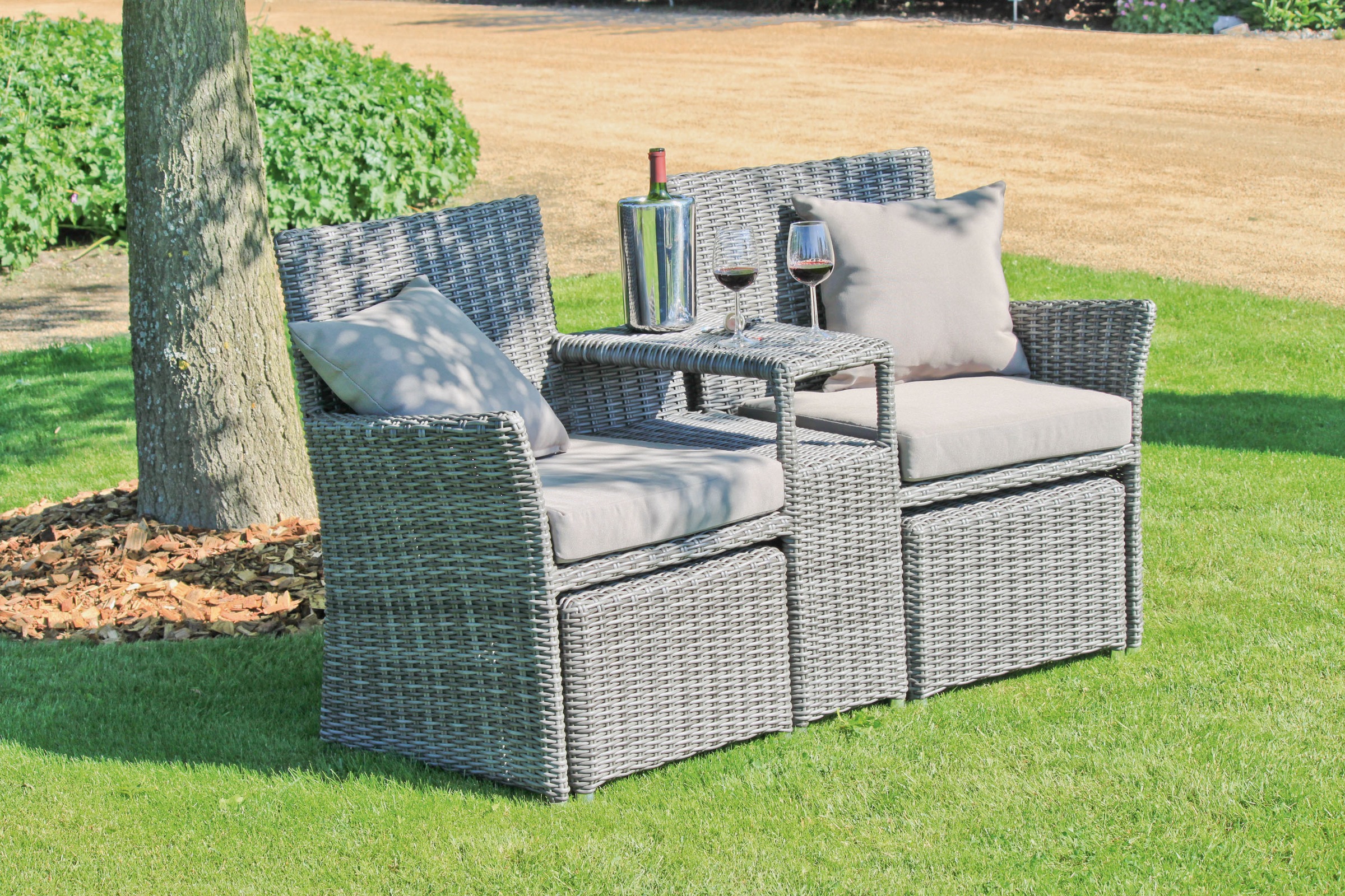 Garden Pleasure Gartensessel »CALGARY«, (Set), Doppelsessel mit integriertem Tisch, 2 Hockern und Auflagen