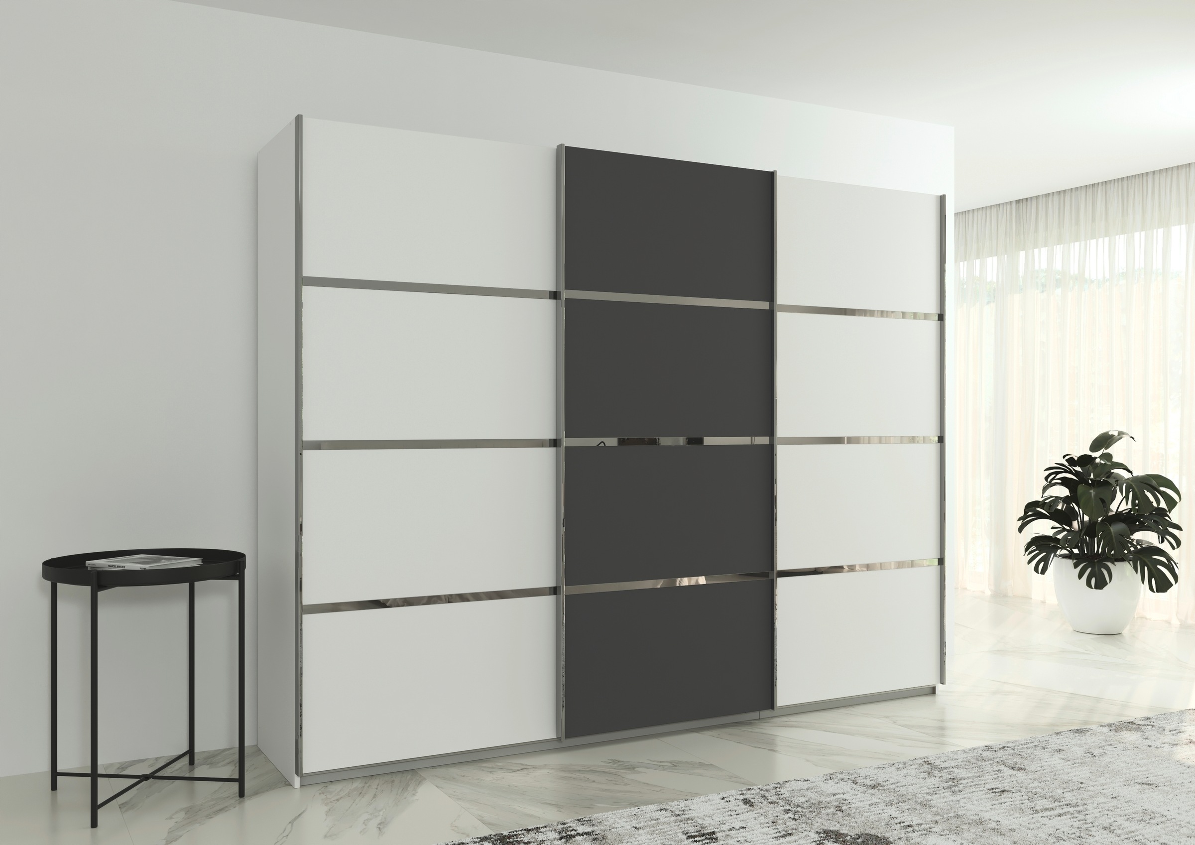 rauch Kleiderschrank »Schwebetürenschrank Garderobe Schrank TOP ANGEBOT Avola«, (in 3 verschiedenen Ausstattungen BASIC/CLASSIC/PREMIUM), mit eleganten Zierleisten in Chrom, Schwarz oder Weiß MADE IN GERMANY