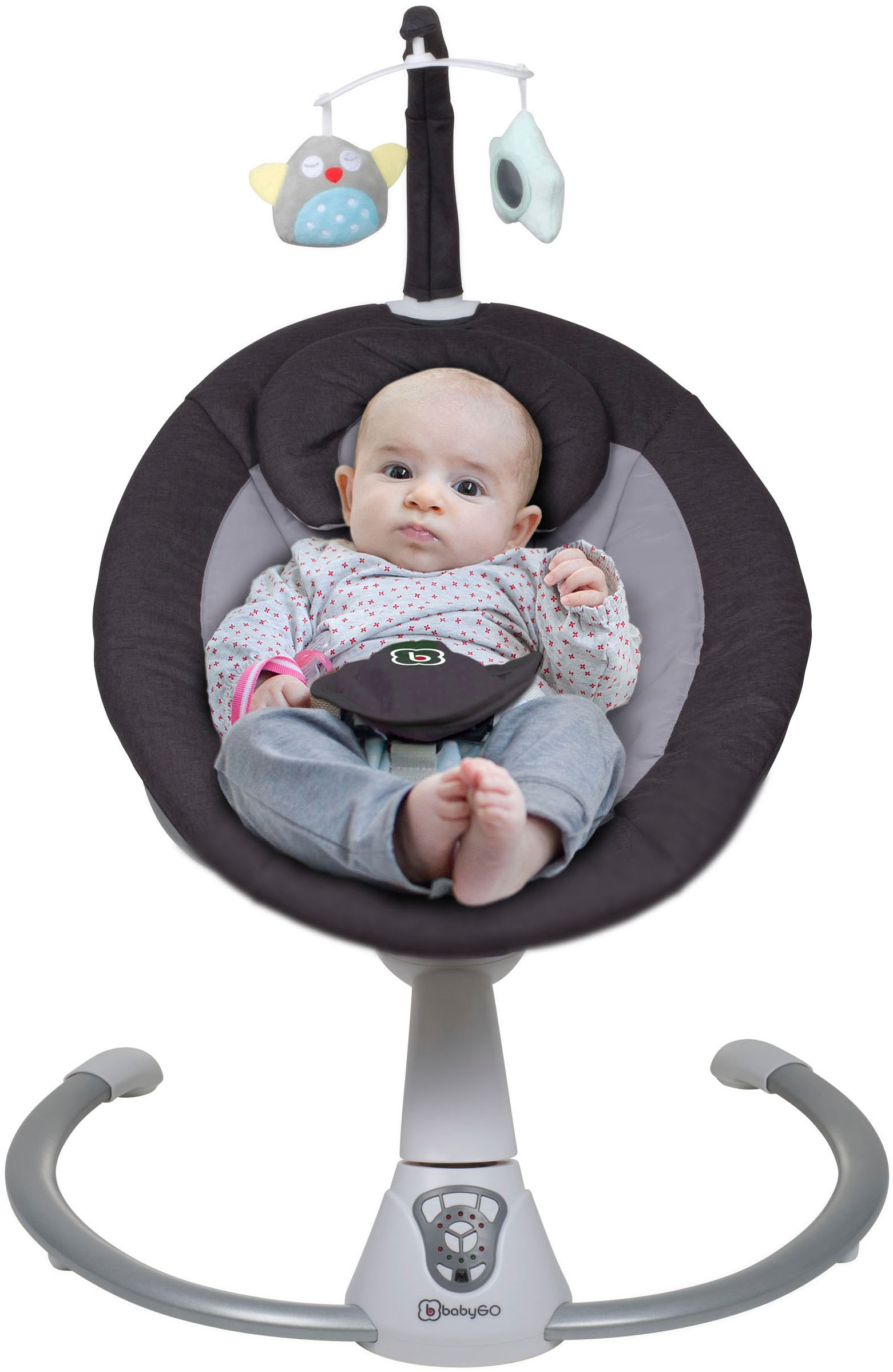 BabyGo Hochstuhl »Family Homey Set, schwarz/hellgrau«, mit elektrischer Babywippe inkl. Spielbogen