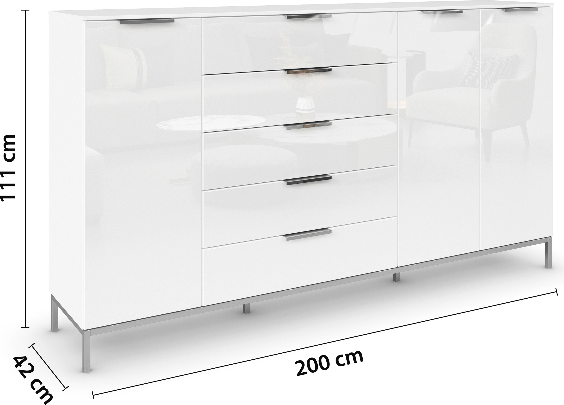 rauch Kombikommode »Kommode Türkommode Sideboard Kombikommode FLIPP mit Glasfront«, (Breite 200 cm mit 4 Einlegeböden), 3-türig mit 5 Schubladen und Soft-Close-Funktion sowie Glasfront