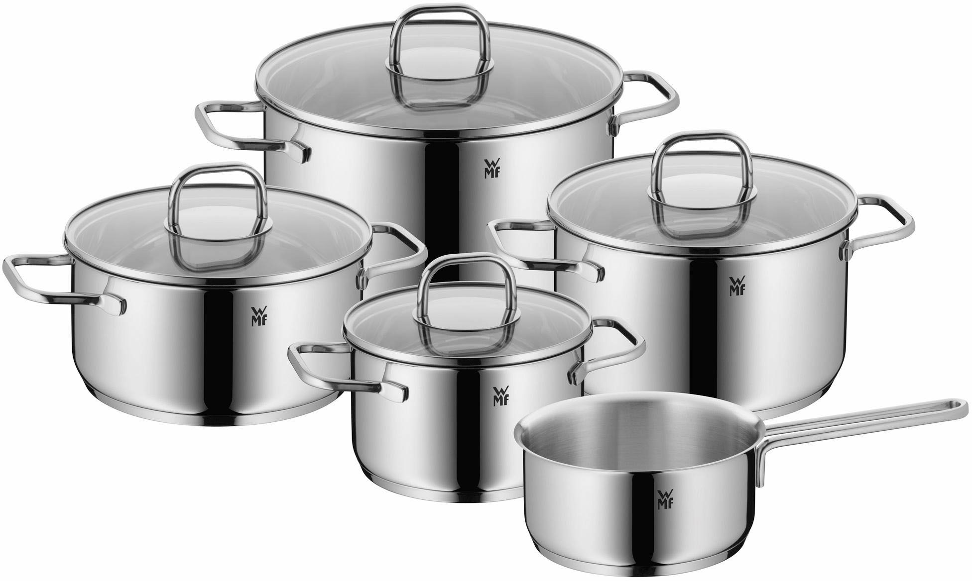 WMF Topf-Set »Inspiration«, Cromargan® Edelstahl Rostfrei 18/10, (Set, 12 tlg., Kochtopf Ø 16/20/24 cm, Bratentopf Ø 20 cm, 1 Stieltopf, 3 Handtücher)