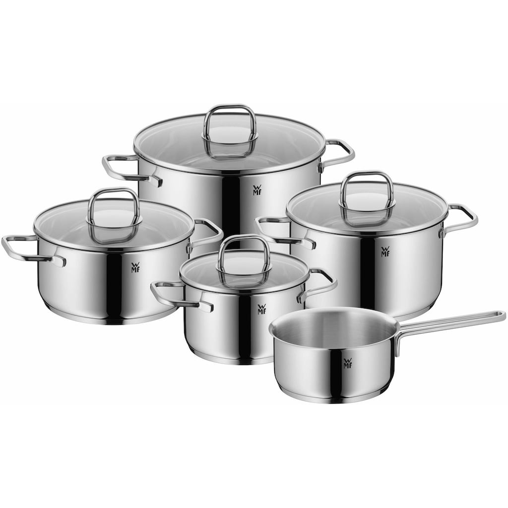 WMF Topf-Set »Inspiration«, Cromargan® Edelstahl Rostfrei 18/10, (Set, 12 tlg., Kochtopf Ø 16/20/24 cm, Bratentopf Ø 20 cm, 1 Stieltopf, 3 Handtücher)