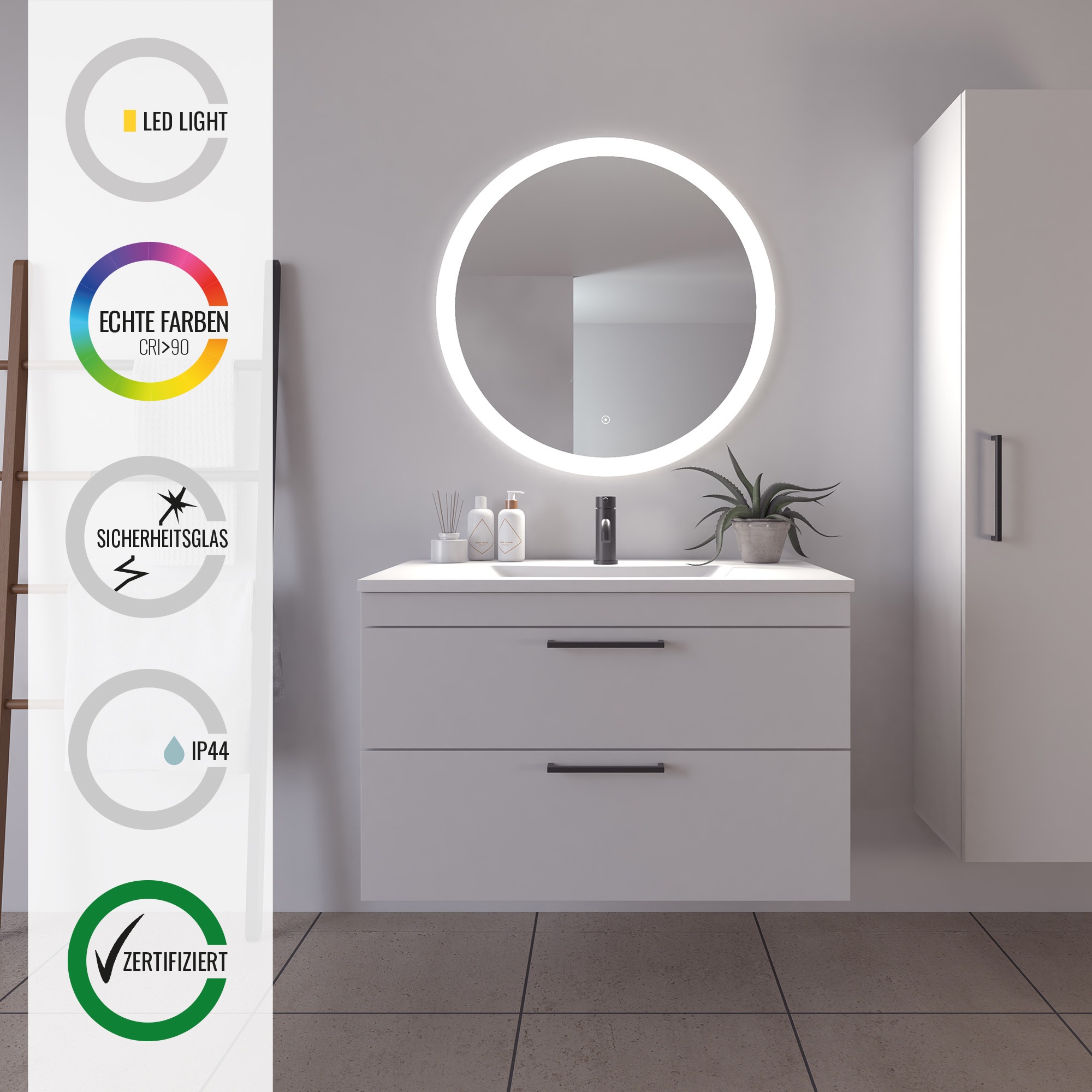 Badspiegel »Vega Rund, Badzimmerspiegel mit LED Beleuchtung, Lichtspiegel«, günstig online kaufen