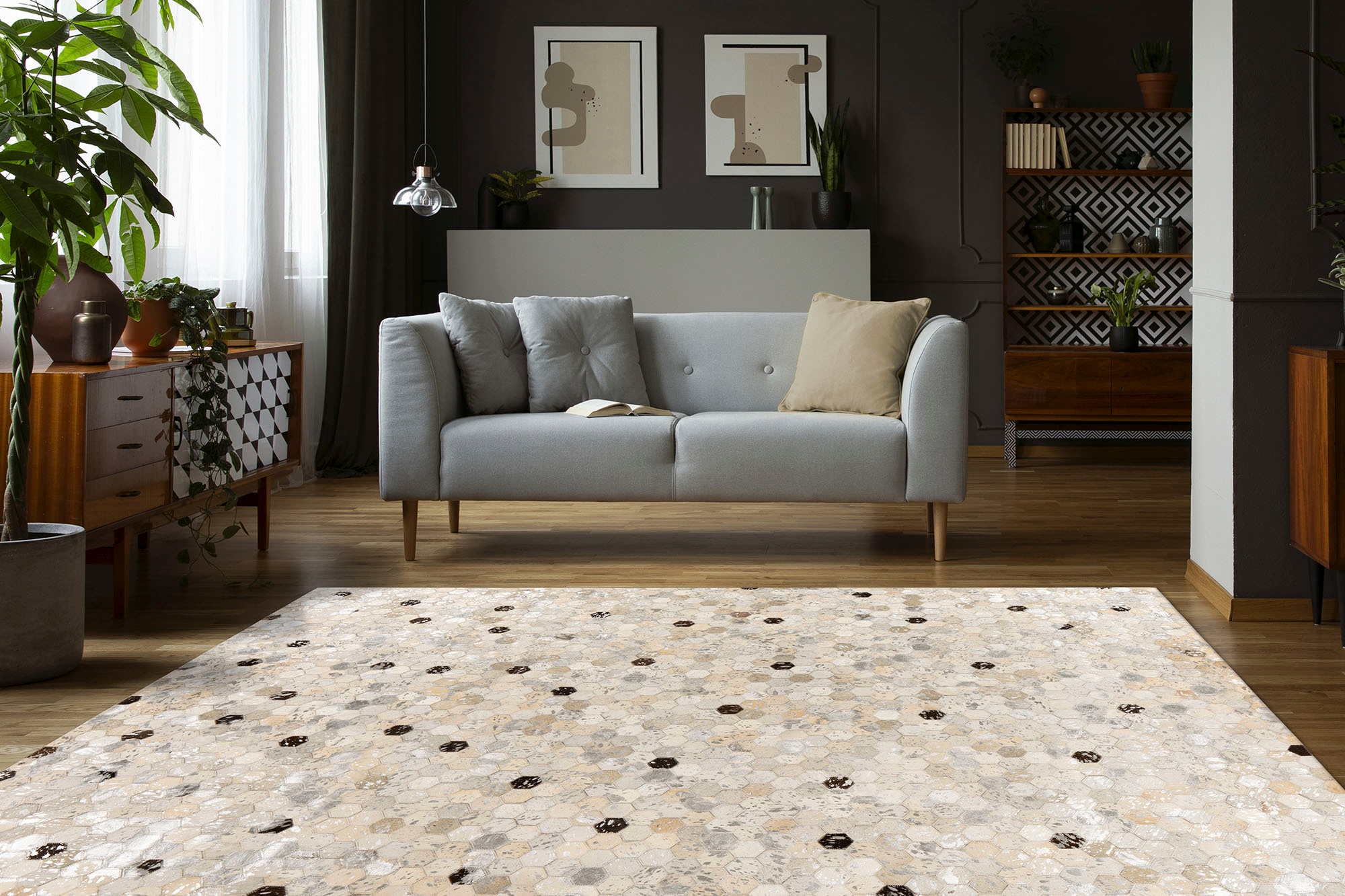 Kayoom Lederteppich »Ravi 400 - Fellteppich«, rechteckig, 8 mm Höhe, metallische Effekte, Patchwork Dessin, Rindsfell mit Wollrücken