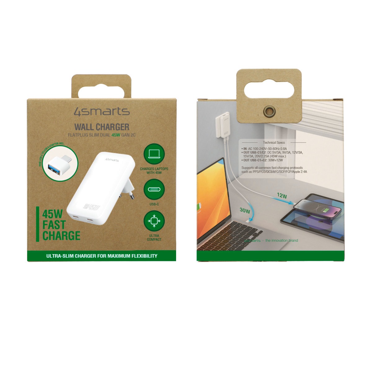 4smarts USB-Ladegerät »FlatPlug Slim Dual 45W GaN 2x USB-C« extrem flaches Design