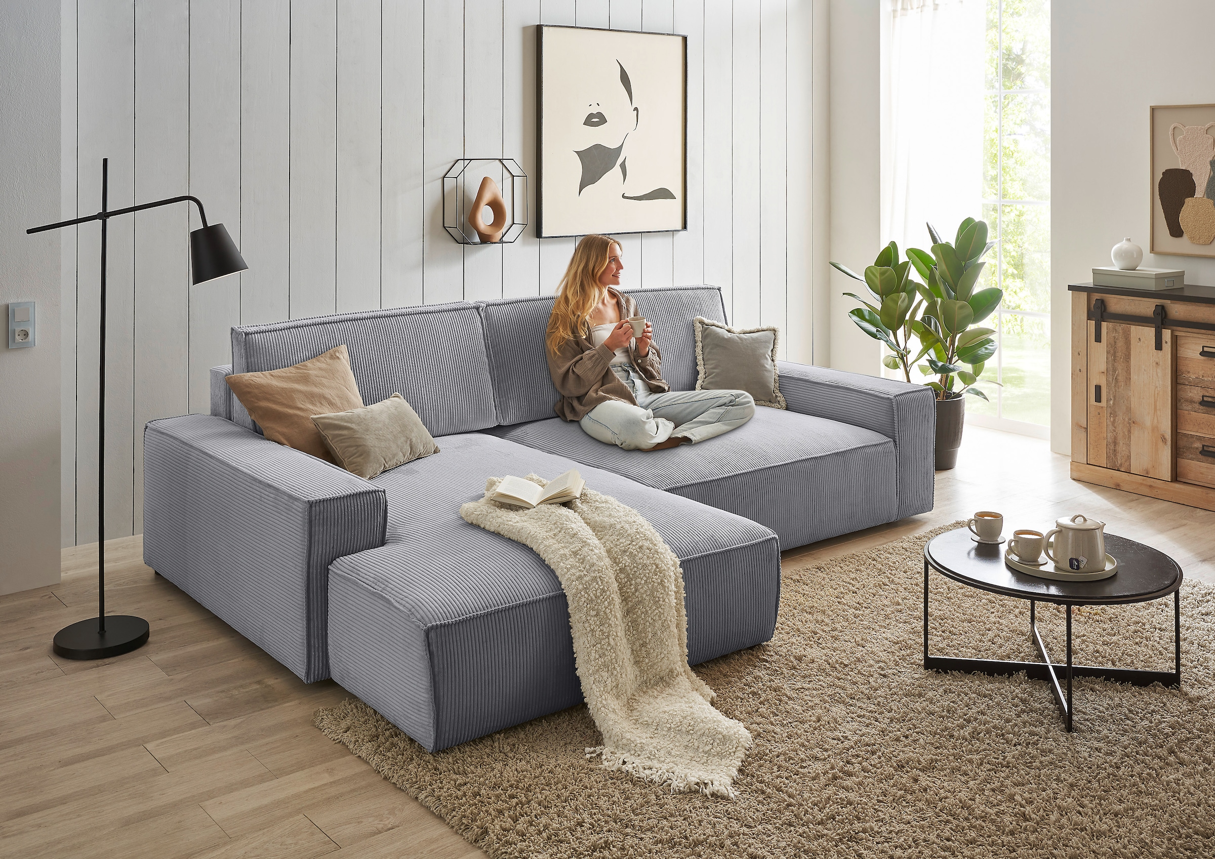 Home affaire Ecksofa »NEU: SHERWOODL XXL 284, Big-Sofa L-Form, tiefe Sitzfläche 95 cm, Cord,«, Leinenoptik, Recamiere rechts/links, auch als Schlafsofa stellbar