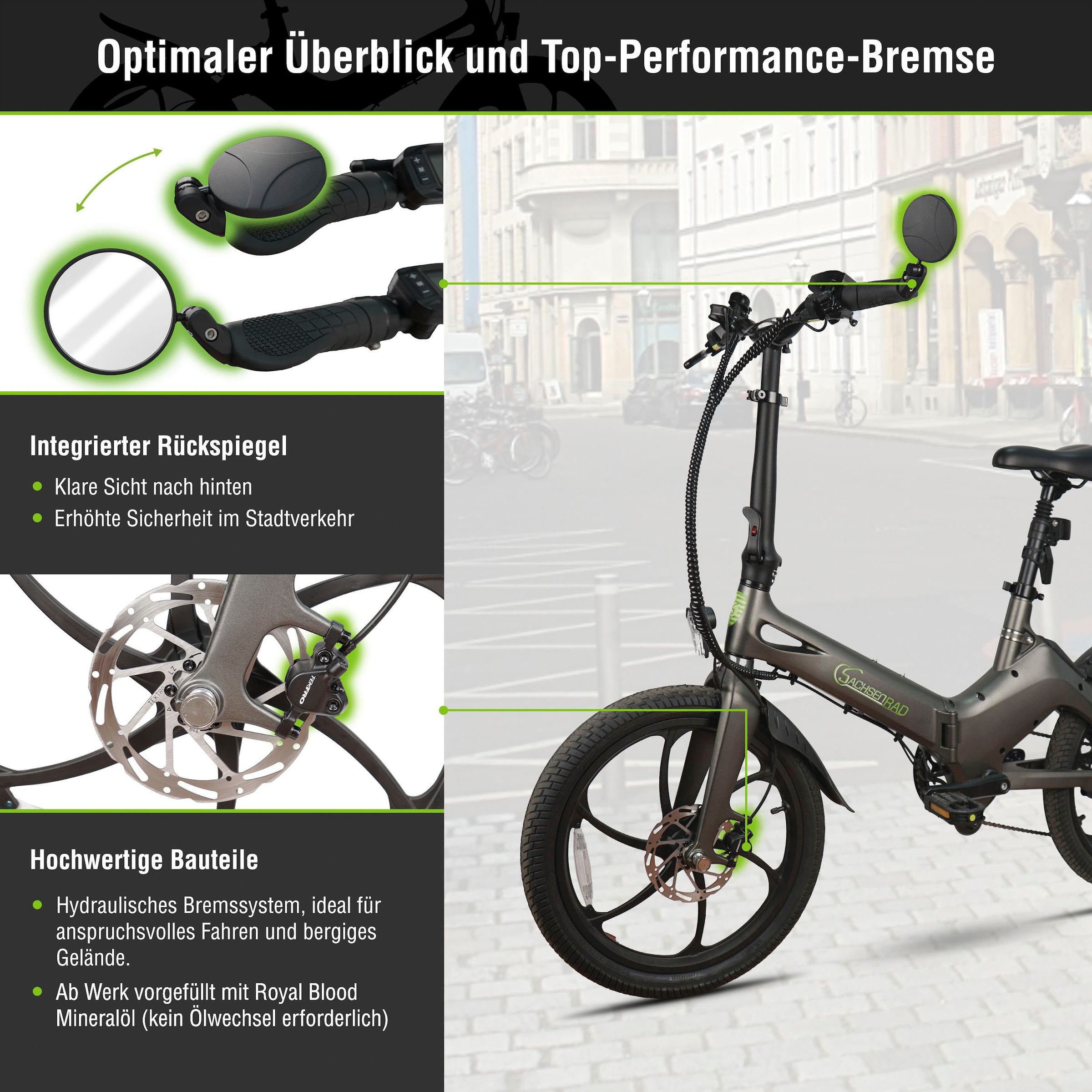 SachsenRad »F11 Pro MagPuma mit Transporttasche« 6 Gang Shimano Kettenschaltung Heckmotor 250 W mit Transporttasche, Rückspiegel, gefederte Sattelstütze