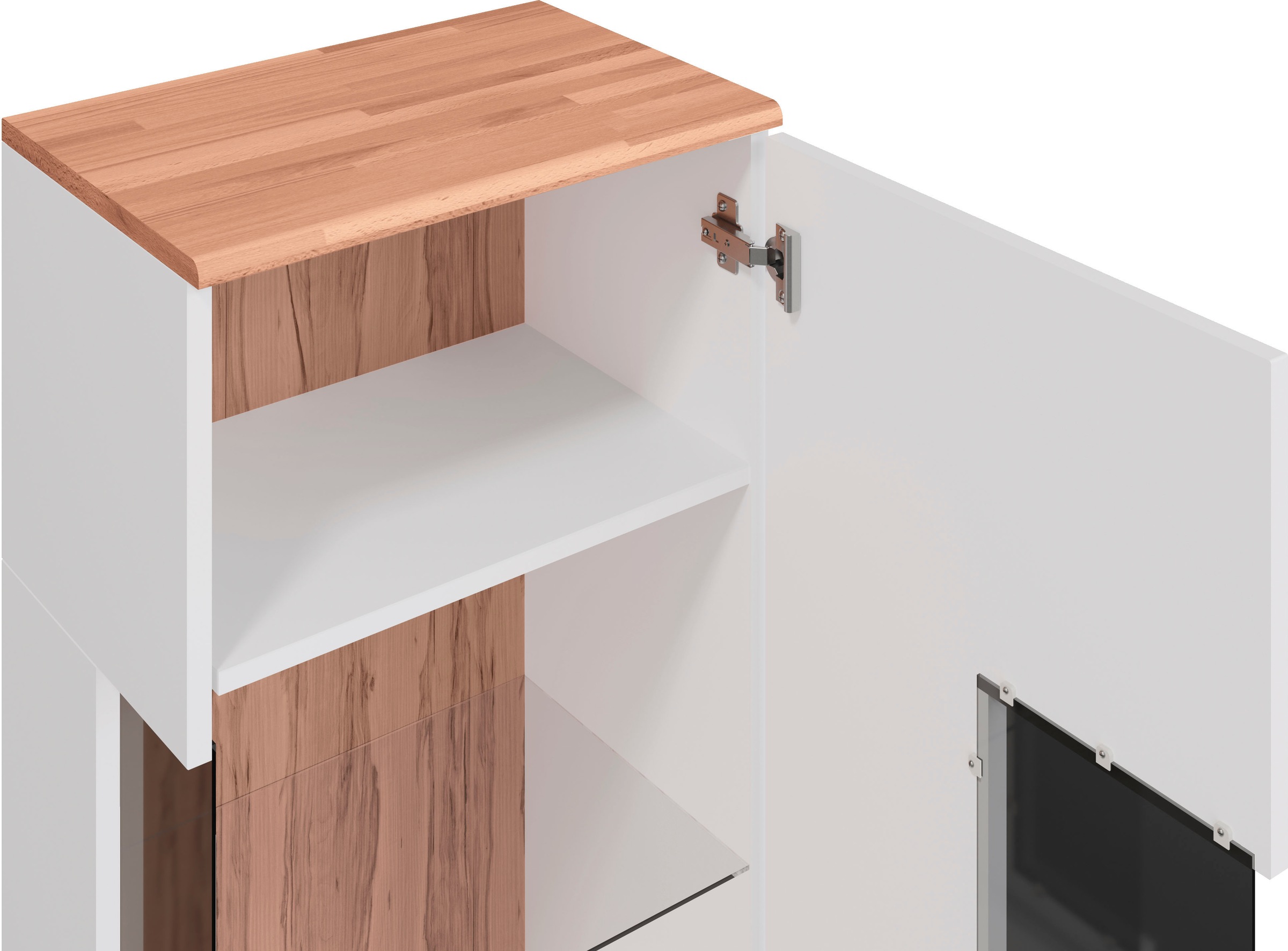 Home affaire Vitrine »Ribe,125cm hoch,4 Fächer,1Glasboden variabel einsetzbar«, Oberplatte Kernbuche massiv,dunkles Glas, schwarze Metall Griffe