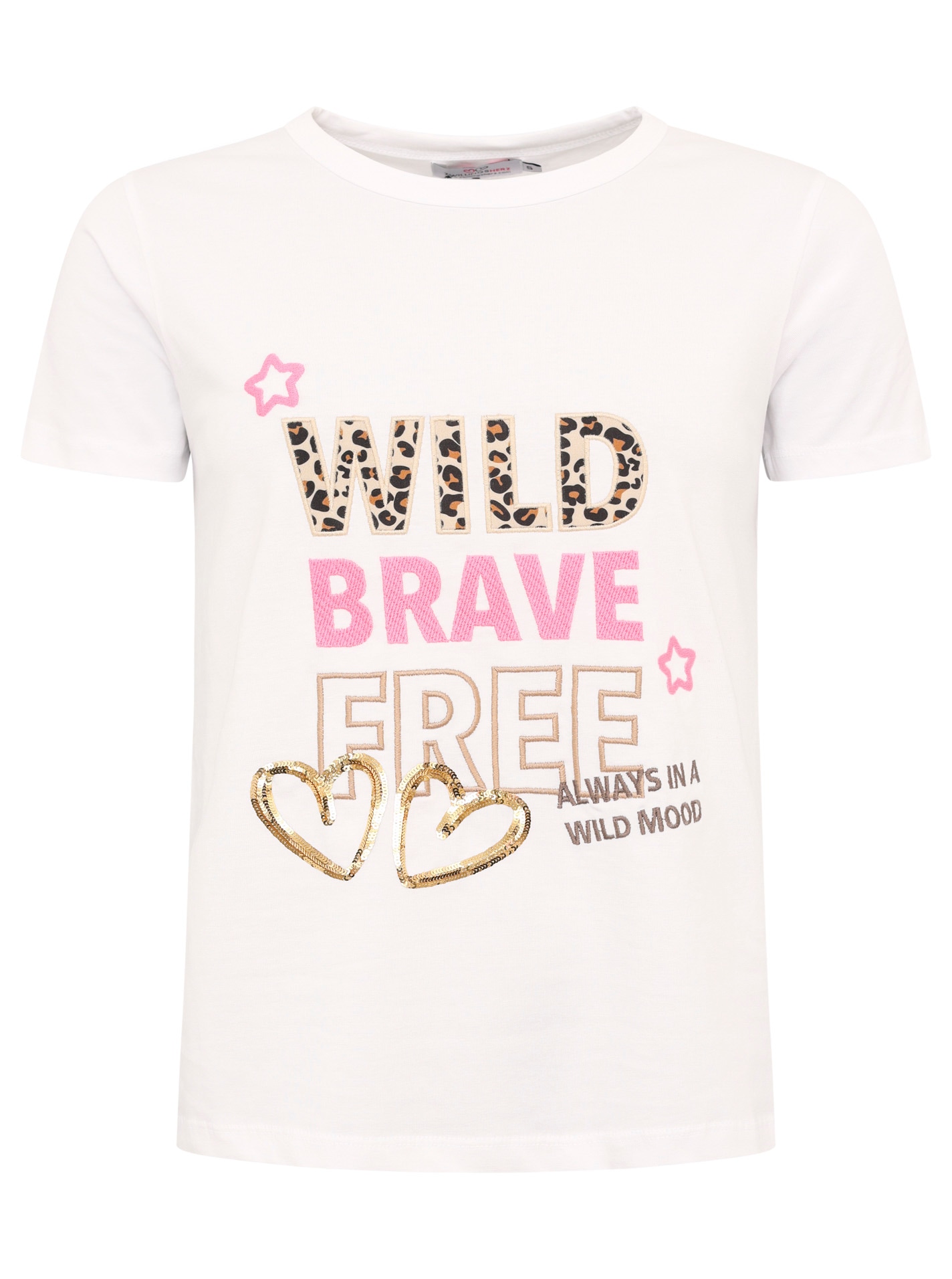 Zwillingsherz T-Shirt »"Wild Brave Free"« Leo-Muster, Pailletten, Kurzarm, Rundhalsausschnitt, Schriftzüge