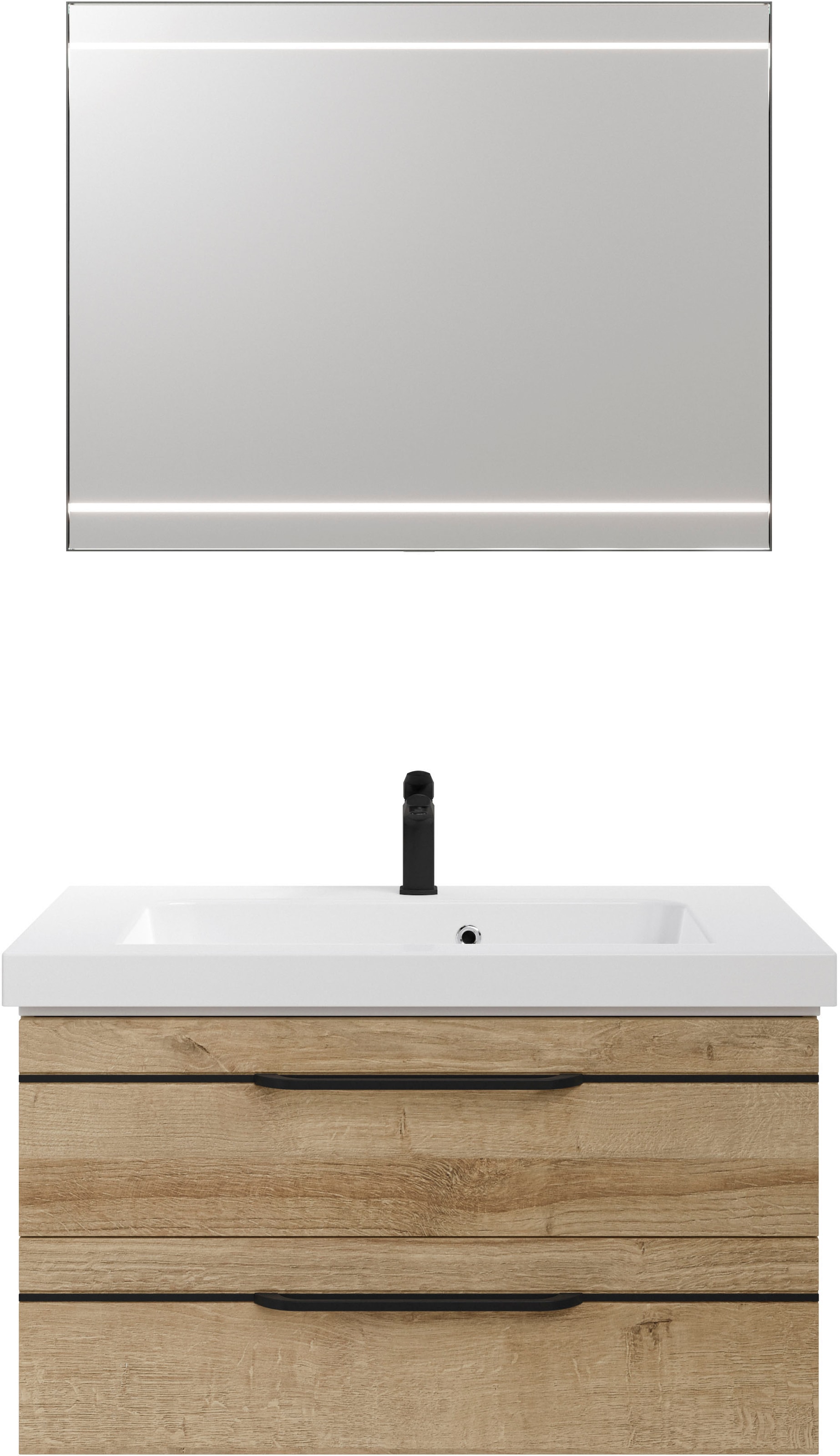Saphir Badmöbel-Set »Balto 2-teilig Mineralmarmor-Waschtisch mit LED-Spiegel, Waschplatz«, (2 St.), 92 cm breit, mit 2 Schubladen, Badschrank inkl. Schubladendämpfer