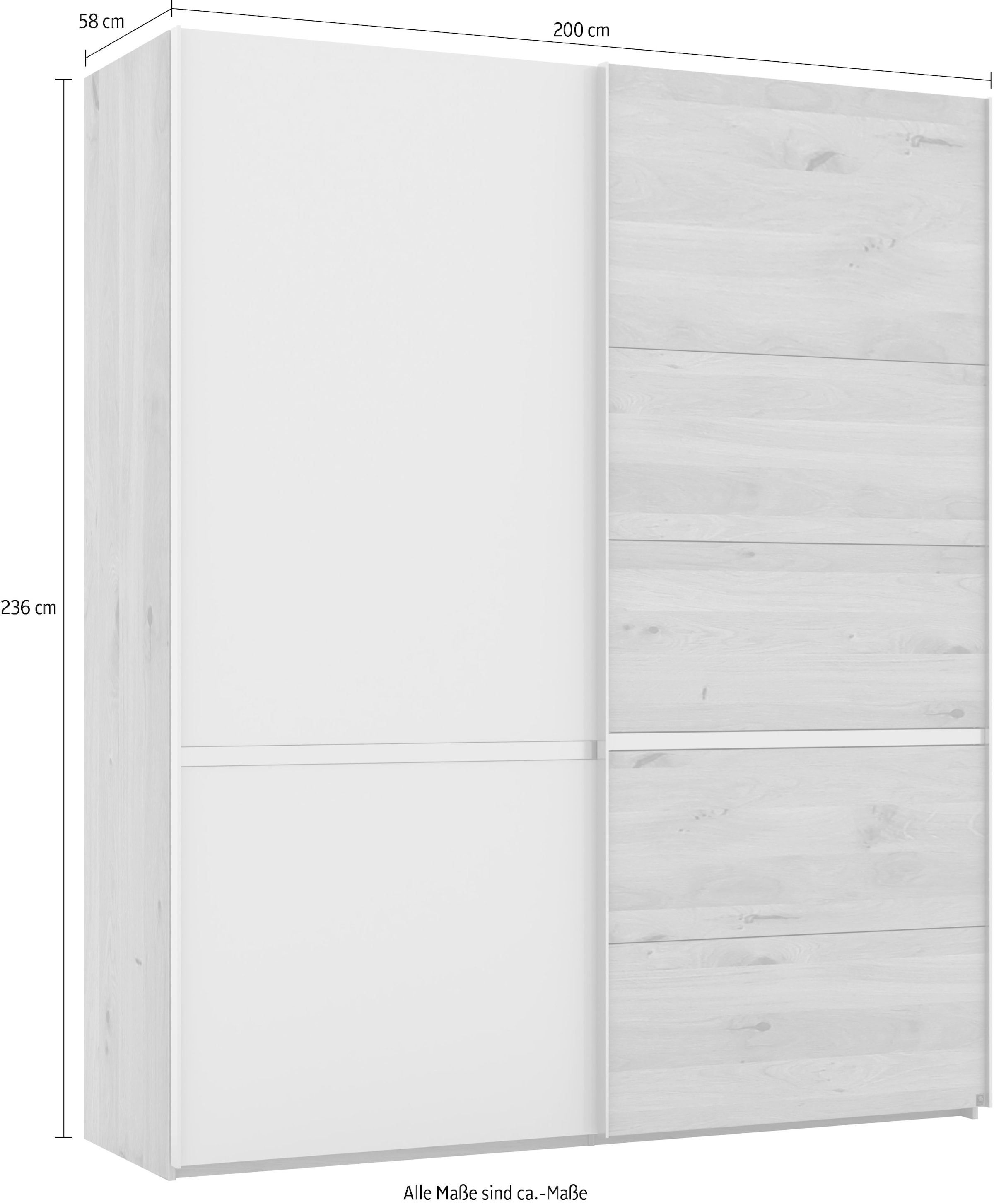 Musterring Schwebetürenschrank »Savona, Kleiderschrank, Schrank, Garderobe, mit Schiebetüren«, (Teilmassiv Bianco-Eiche, mit Spiegel oder Glas, MADE IN GERMANY), Türen Bianco-Eiche massiv, Spiegel-/Glastüren, eingelegte Chromleiste