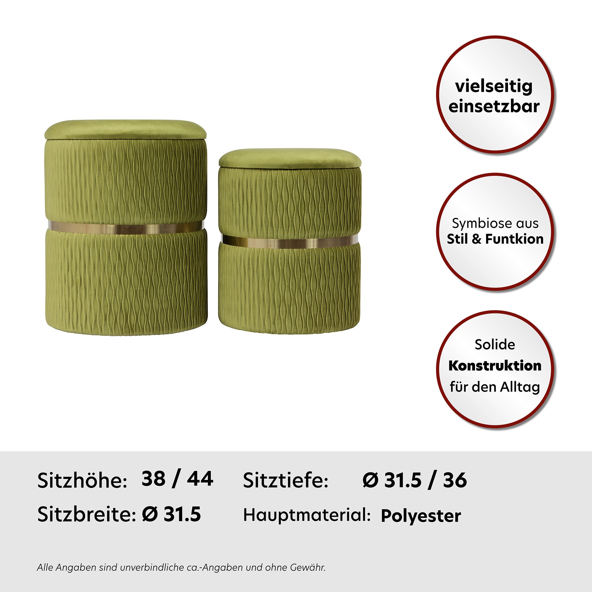 Kayoom Polsterhocker »Hocker Zora 425 2er-Set, Praktischer und versteckter Stauraum«, (Set, 2 St.), 2er-Set mit Stauraum, ineinander stapelbar, goldener Ring