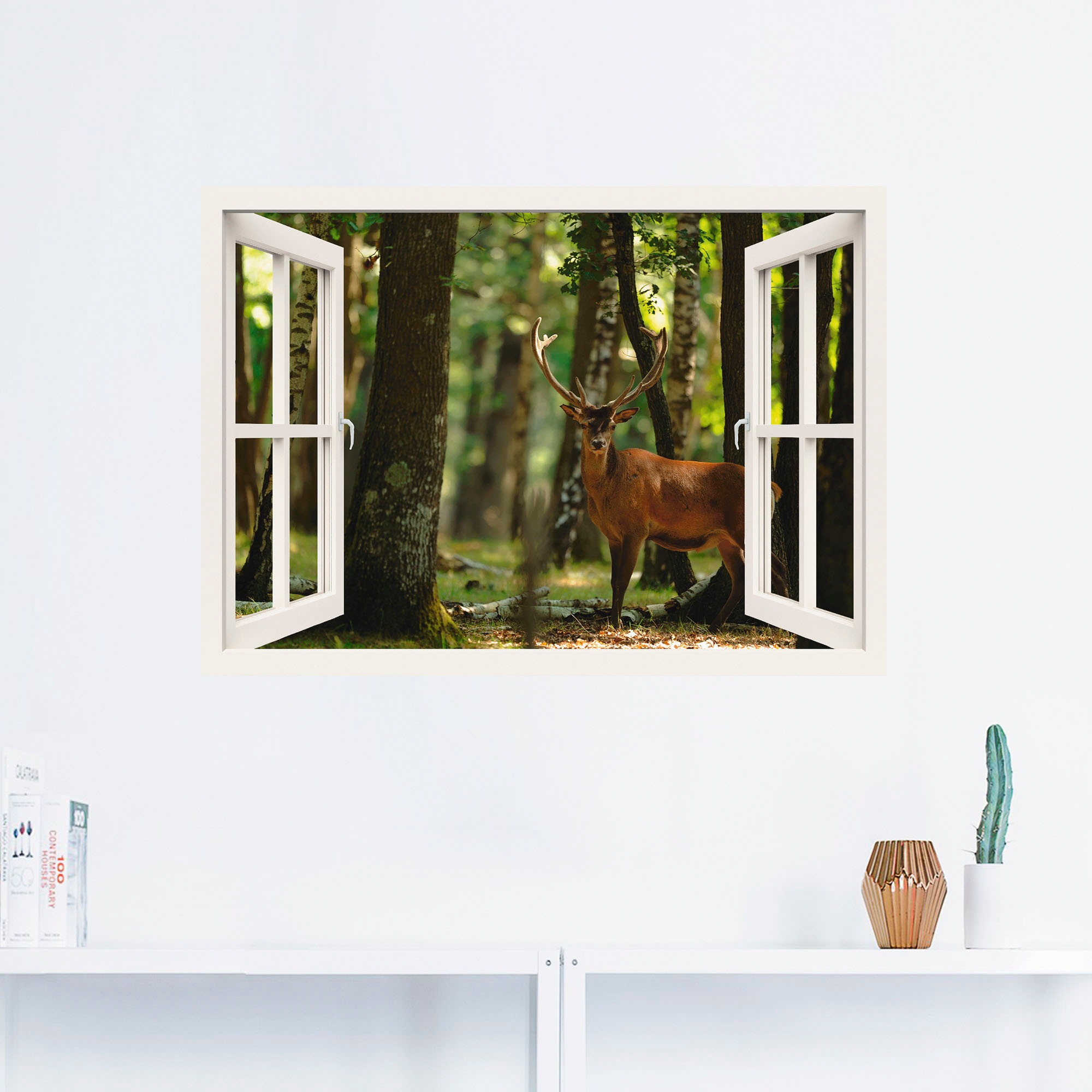 Artland Wandfolie »Fensterblick - Hirsch 4 - Wald«, Fensterblick, (1 St.), selbstklebend