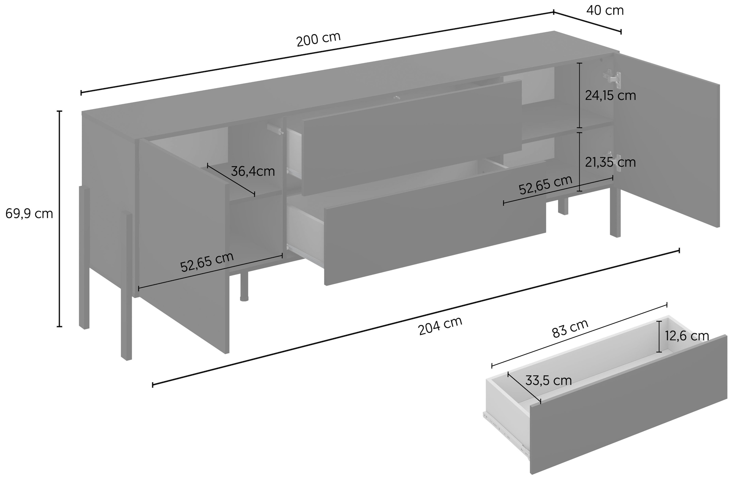 OTTO home Lowboard »Jukon,Breite 200 cm, moderne grifflose TV-Kommode,2 Türen/2 Schubladen« TV-Schrank mit viel Stauraum, TV-Board, push-to-open-Funktion