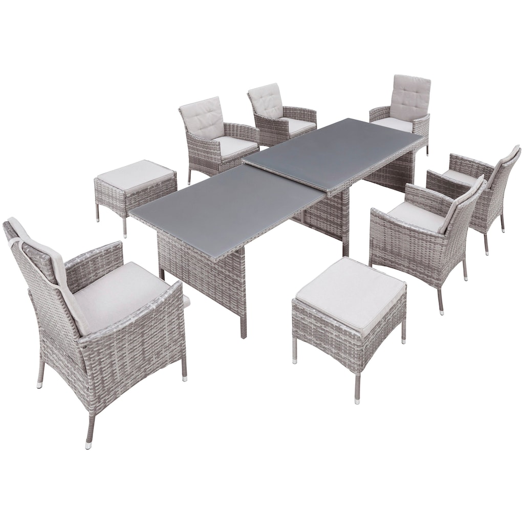 KONIFERA Garten-Essgruppe »Parla«, (Set, 21 tlg., 6xSessel, 1x AZ-Tisch 150-242,5cm,2x Hocker,inkl. Auflagen, Polyrattan), 2 der 6 Sessel sind verstellbar, Grau, Tischplatte aus Sicherheitsglas