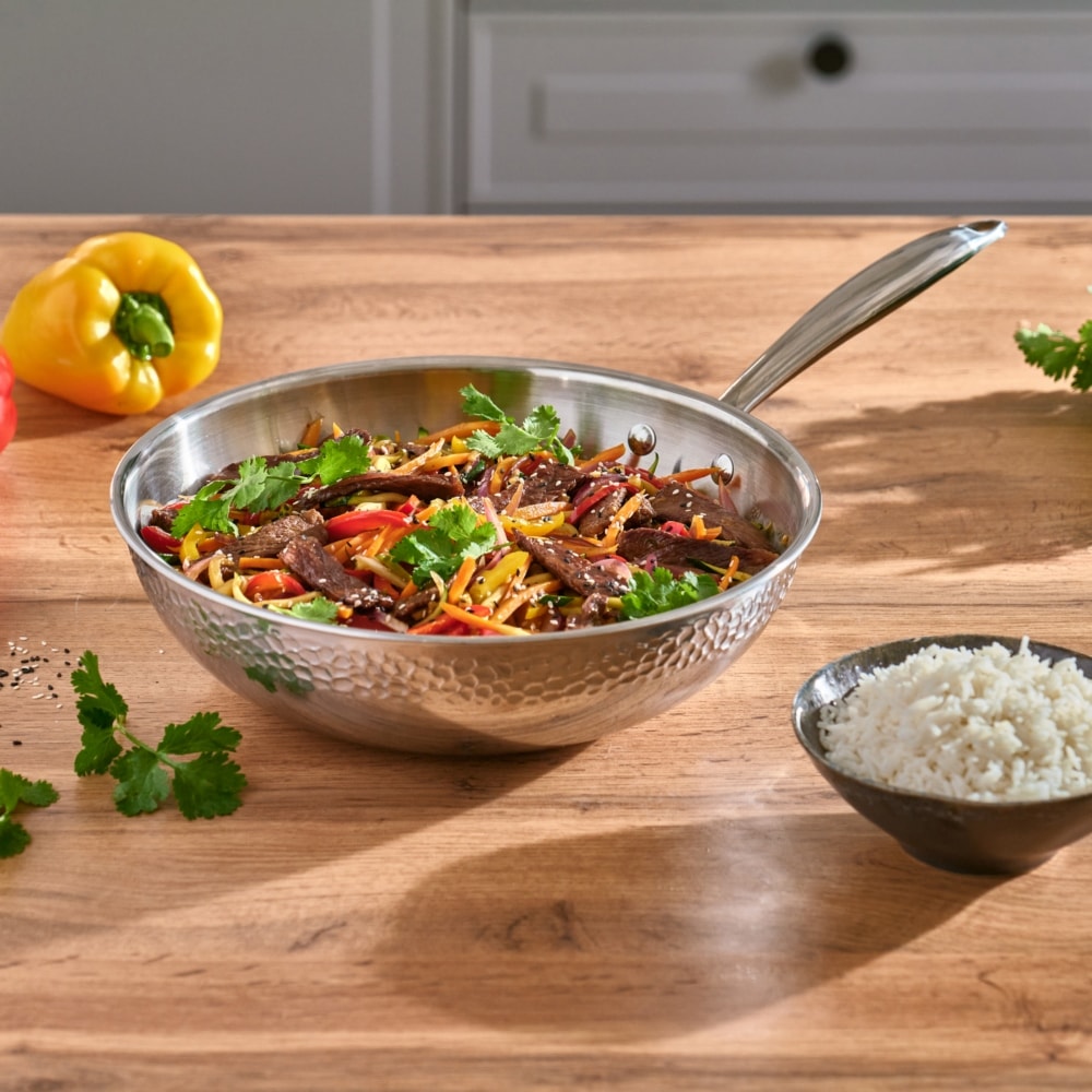 RESTO Kitchenware Wok »Crater tiefe Pfanne aus Tri-Ply (Edelstahl + Aluminium + Edelstahl)«, Edelstahl 18/10, (1 tlg.), Energieeinsparung 25% durch die dreilagige Basis, ofenfest