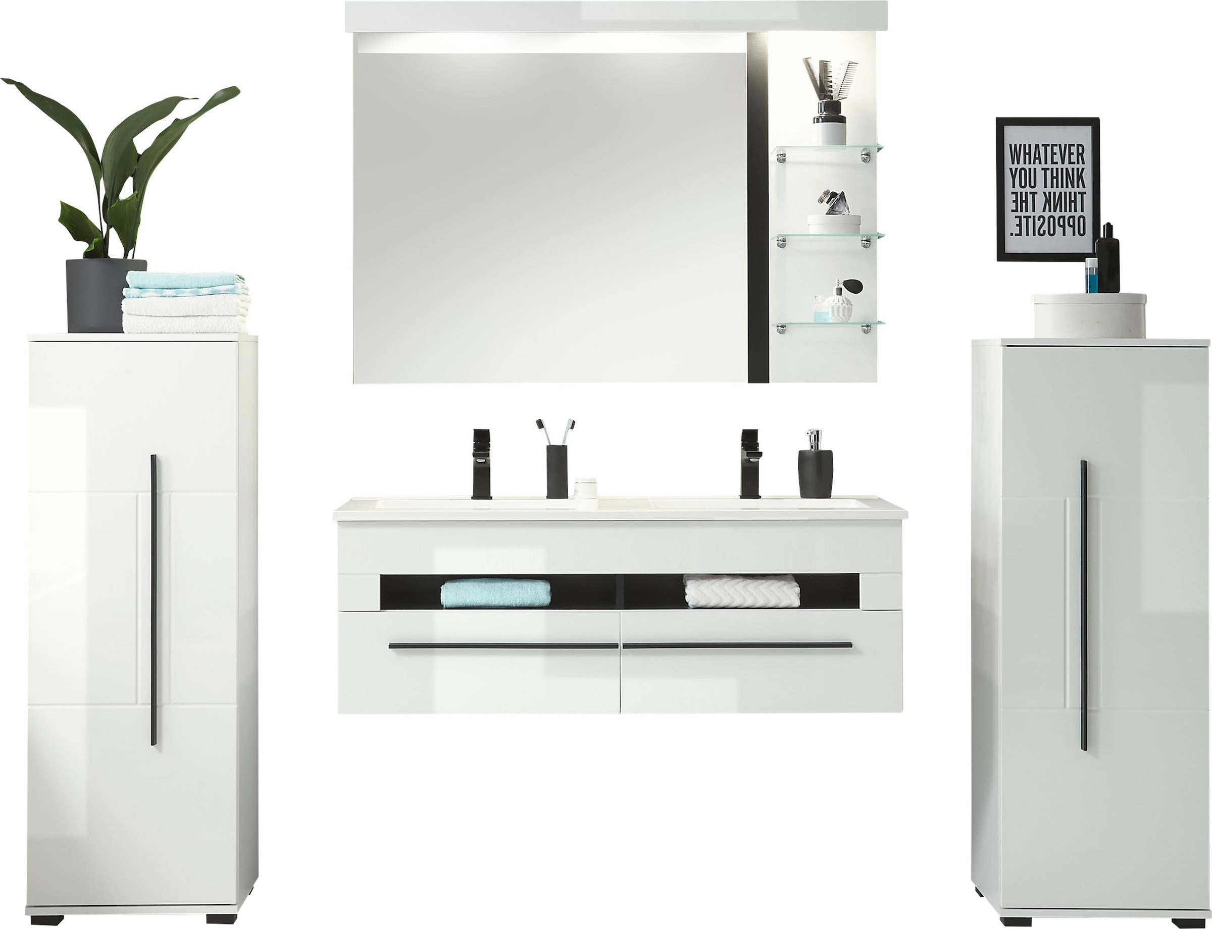 INOSIGN Badmöbel-Set »Cantara, Bad im modernen Design, 4-teiliges Badezimmer«, (Set, 4 St.), Waschtisch, Schränke und Spiegel, in Weiß Hochglanz, viel Stauraum