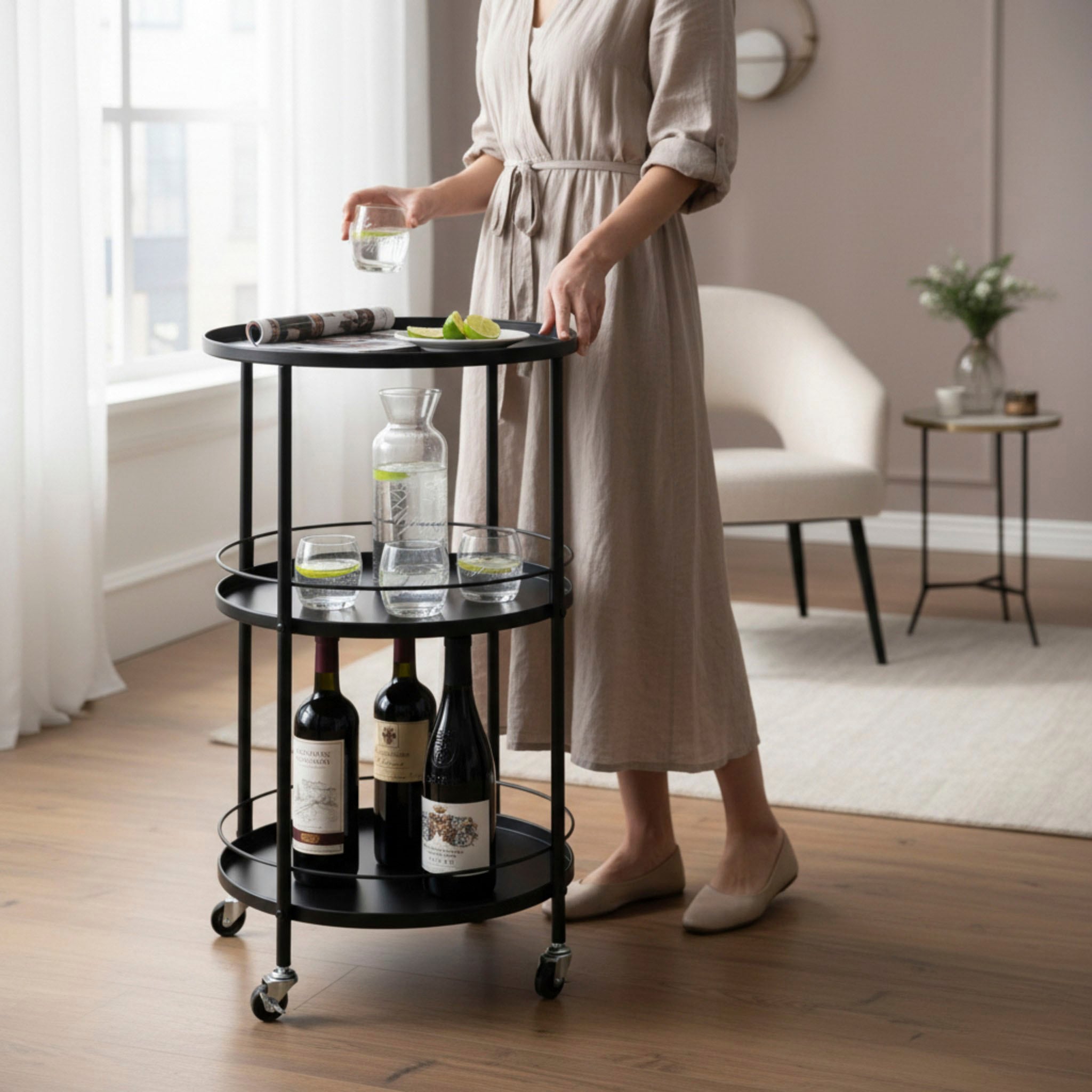 HAKU Servierwagen »Dinett, Kaffeetisch, Küchenwagen, Serviertisch, Teewagen, Trolley« 1 Stk. tlg. rund - aus Metall Schwarz - Ø/H 45/75 cm