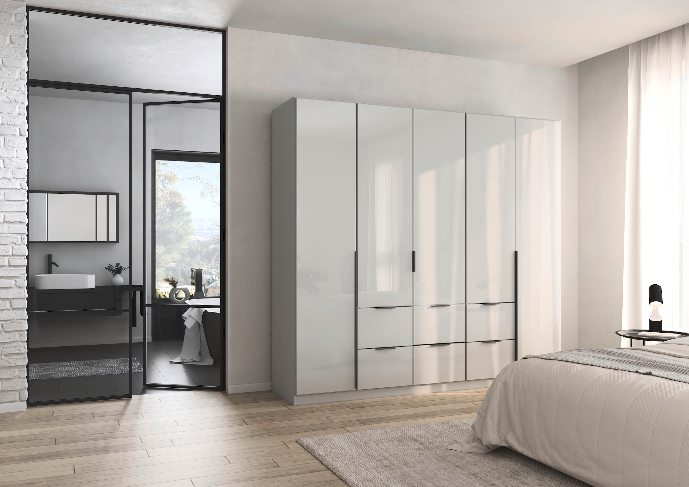 rauch Drehtürenschrank »Kleiderschrank Kleiderschränke Schrank Garderobe AGORDO mit Glasfront«, (in zwei Griff-Farben mit Glasfront), mit Außenschubkästen, in 6 Breiten und 2 Höhen MADE IN GERMANY