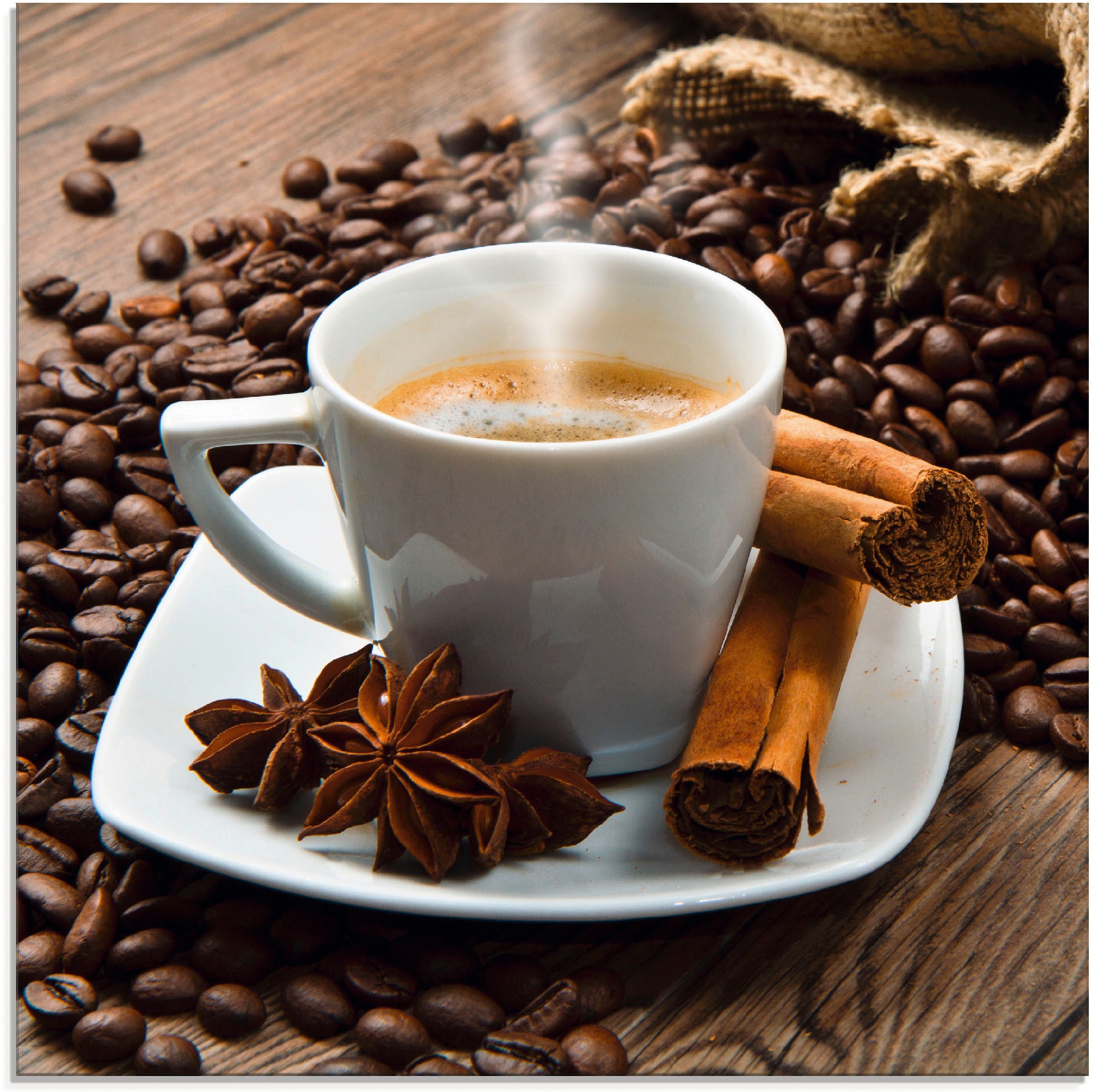 Artland Glasbild »Kaffeetasse Leinensack mit Kaffeebohnen«, Getränke, (1 St günstig online kaufen