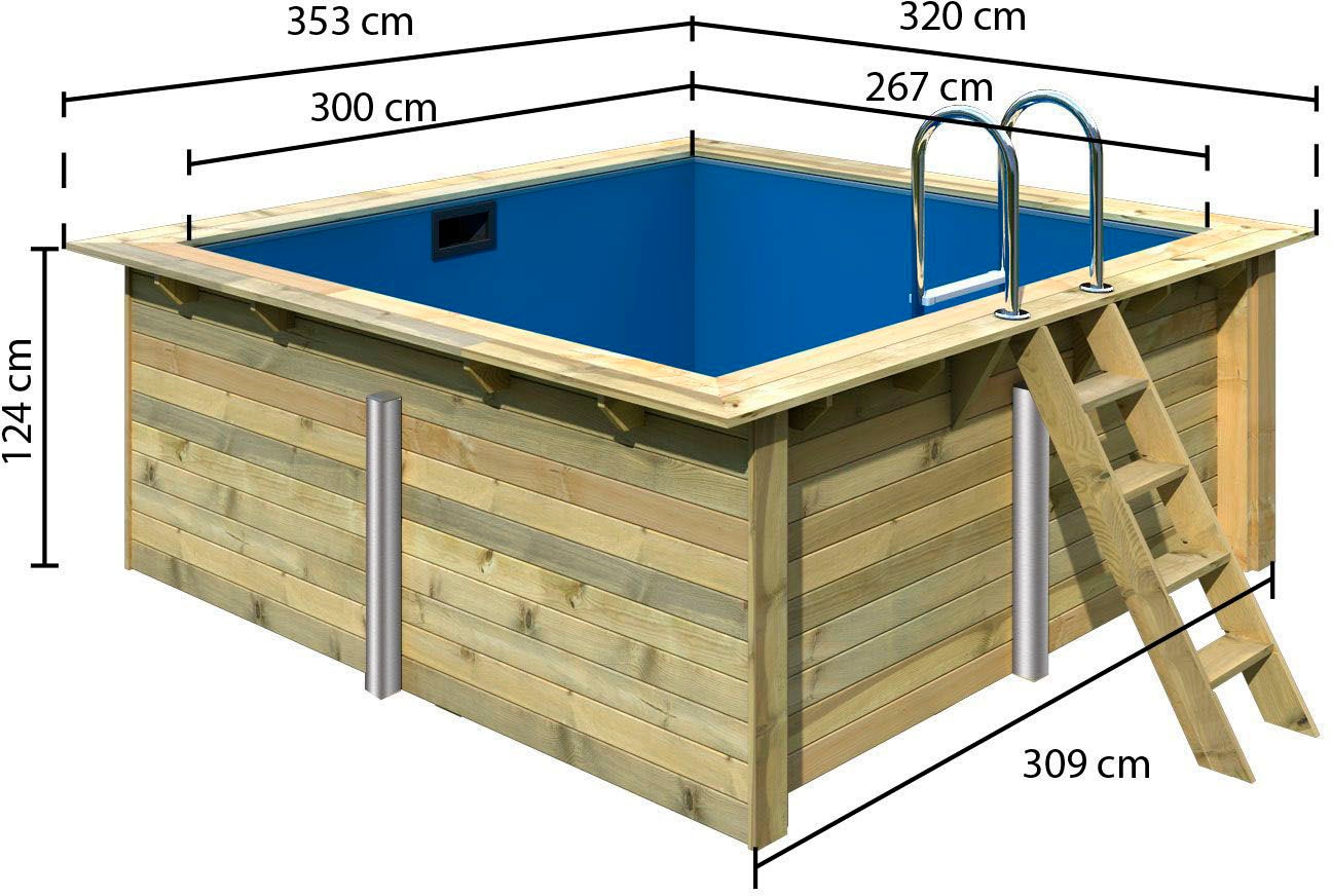 Karibu Rechteckpool »Milano BxLxH: 320x353x124cm«, (Komplett-Set, 9 tlg.), 44 mm starke kesseldruckimprägnierte Holzbohlen aus Fichtenholz